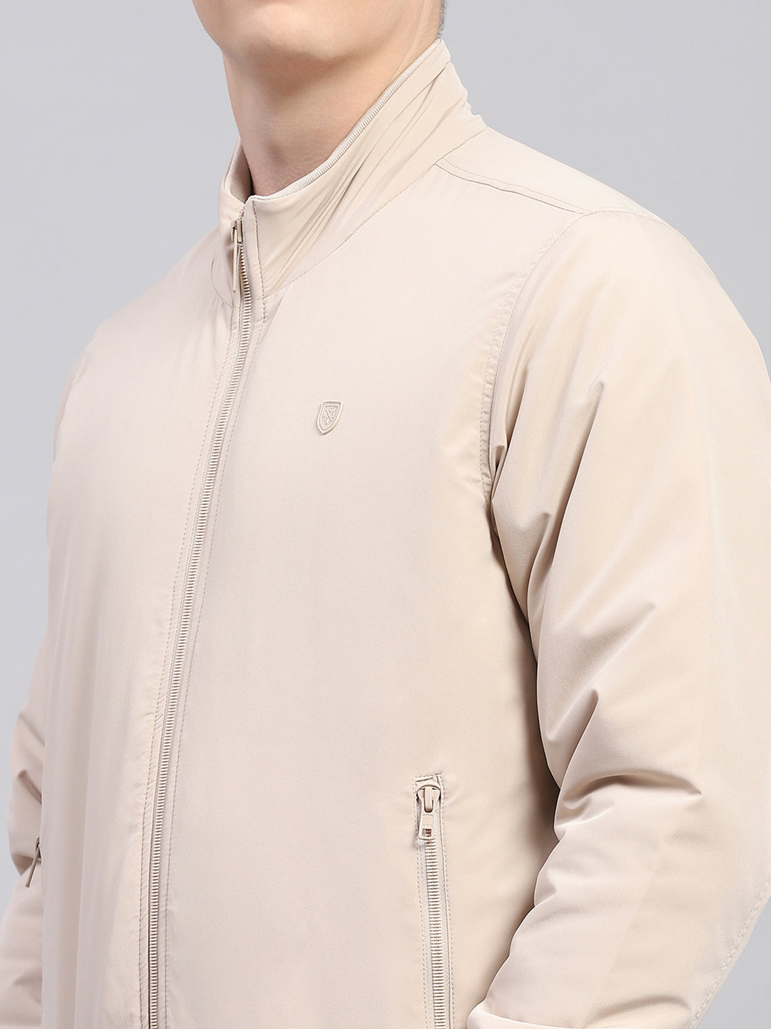 Men Beige Solid Mock Neck Full Sleeve Jacket