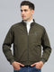 Men Olive Solid Mock Neck Full Sleeve Jacket