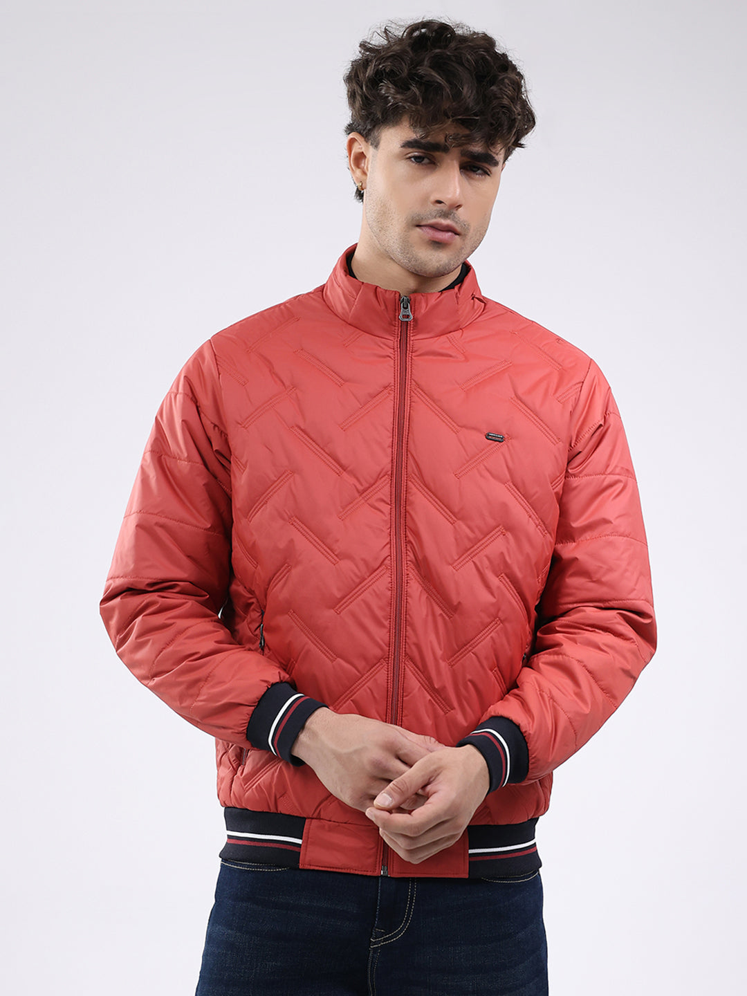 Men Red Solid Mock Neck Full Sleeve Jacket