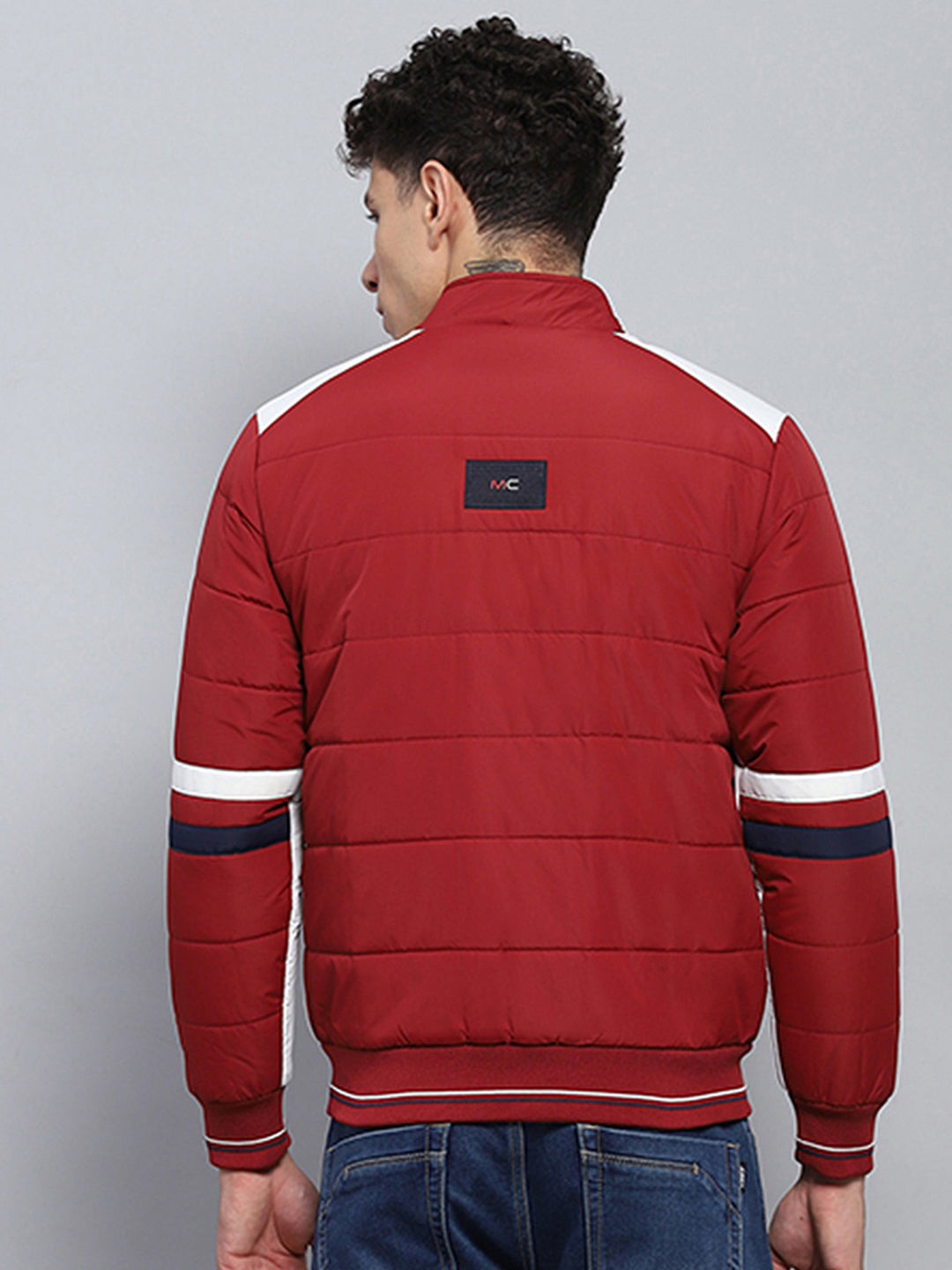 Men Red Solid Mock Neck Full Sleeve Jacket