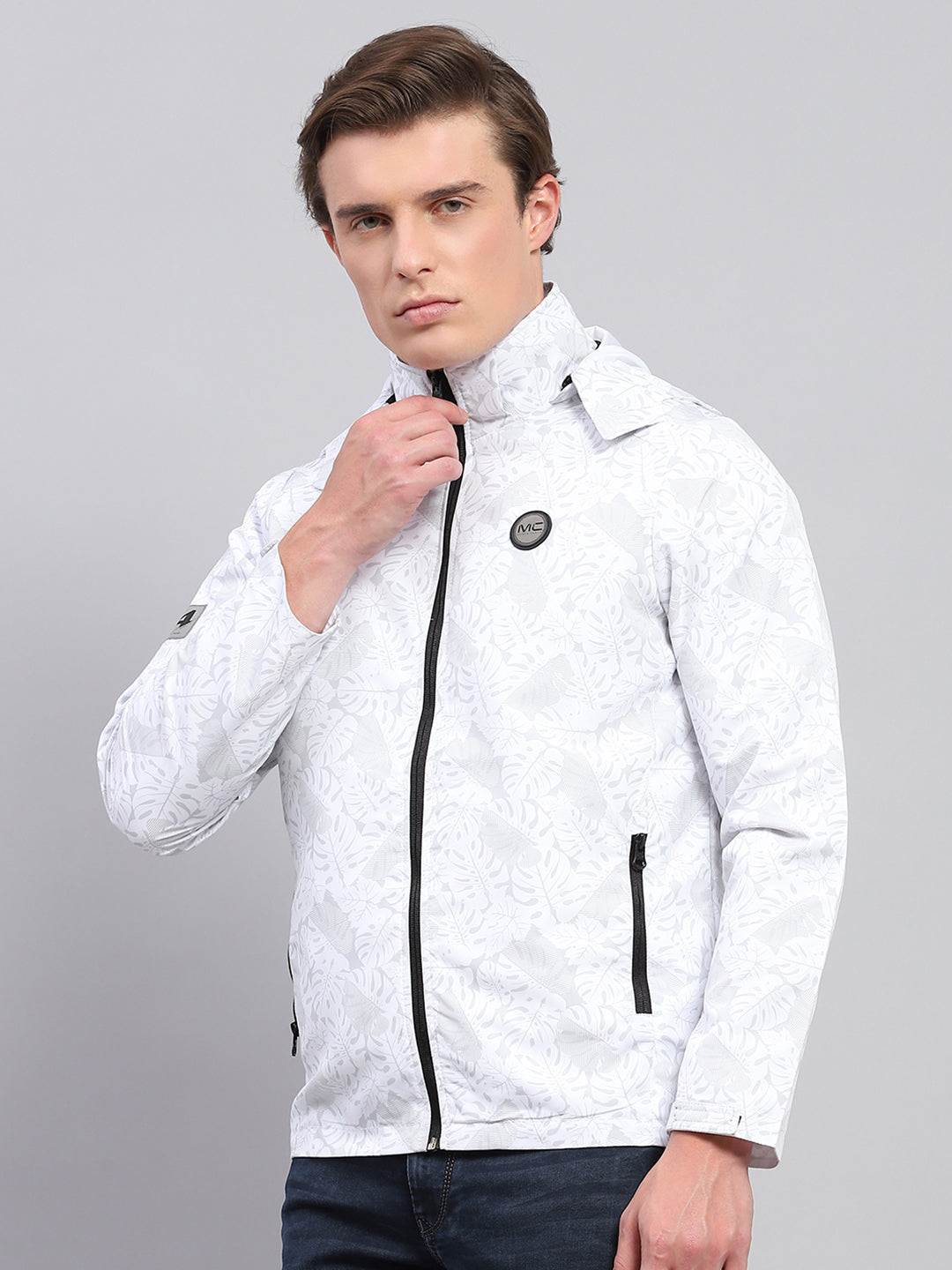 Men White Printed Detachable Hood Full Sleeve Jacket