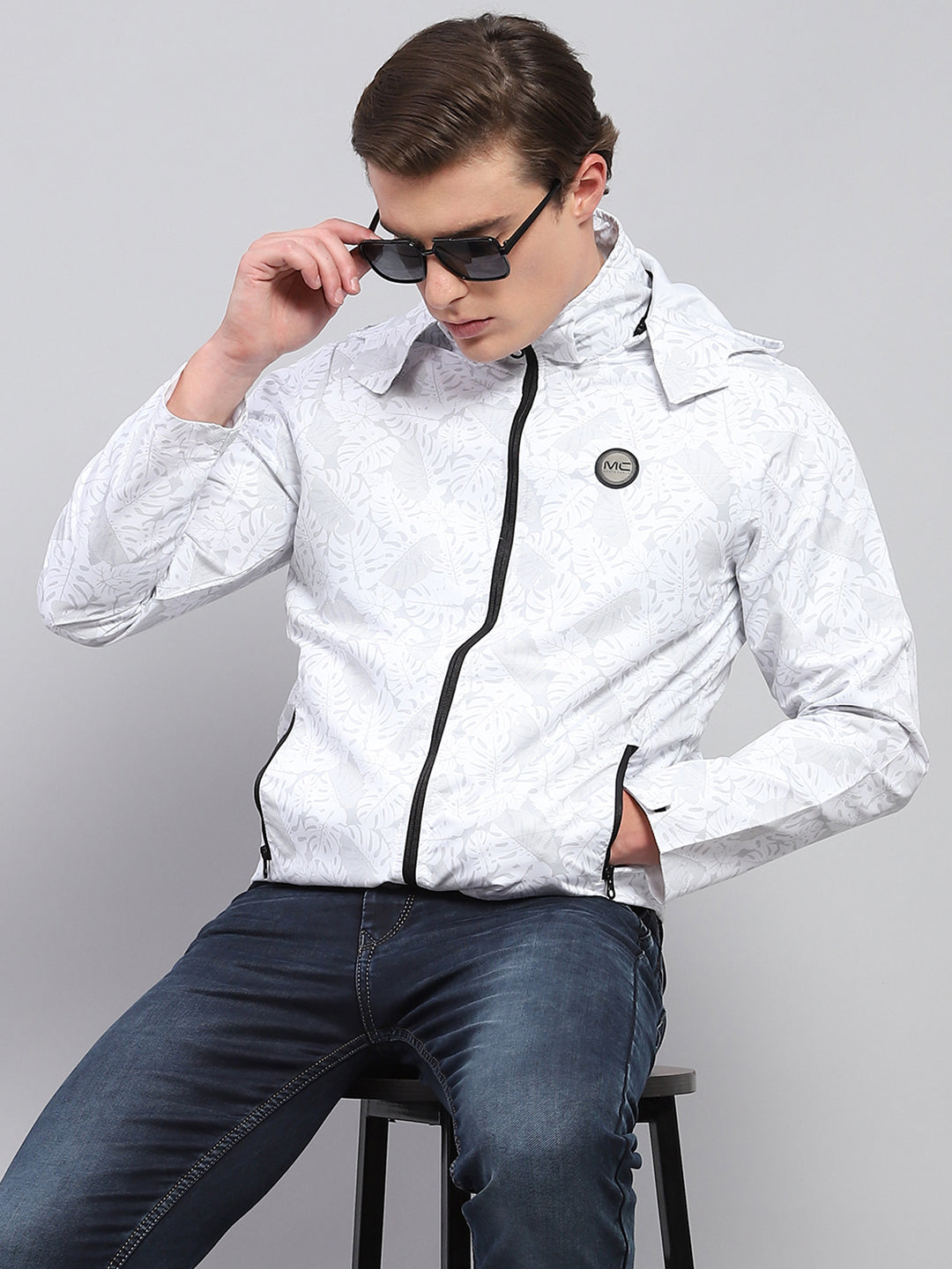 Men White Printed Detachable Hood Full Sleeve Jacket