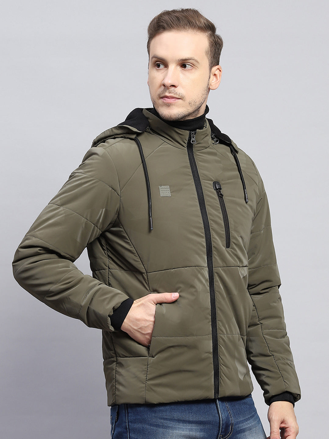 Men Olive Solid Detachable Hood Full Sleeve Jacket