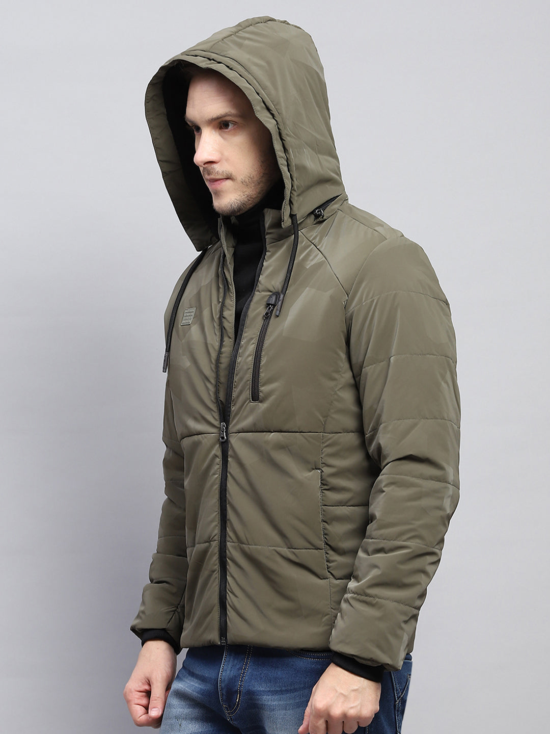 Men Olive Solid Detachable Hood Full Sleeve Jacket