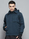 Men Teal Blue Solid Detachable Hood Full Sleeve Jacket