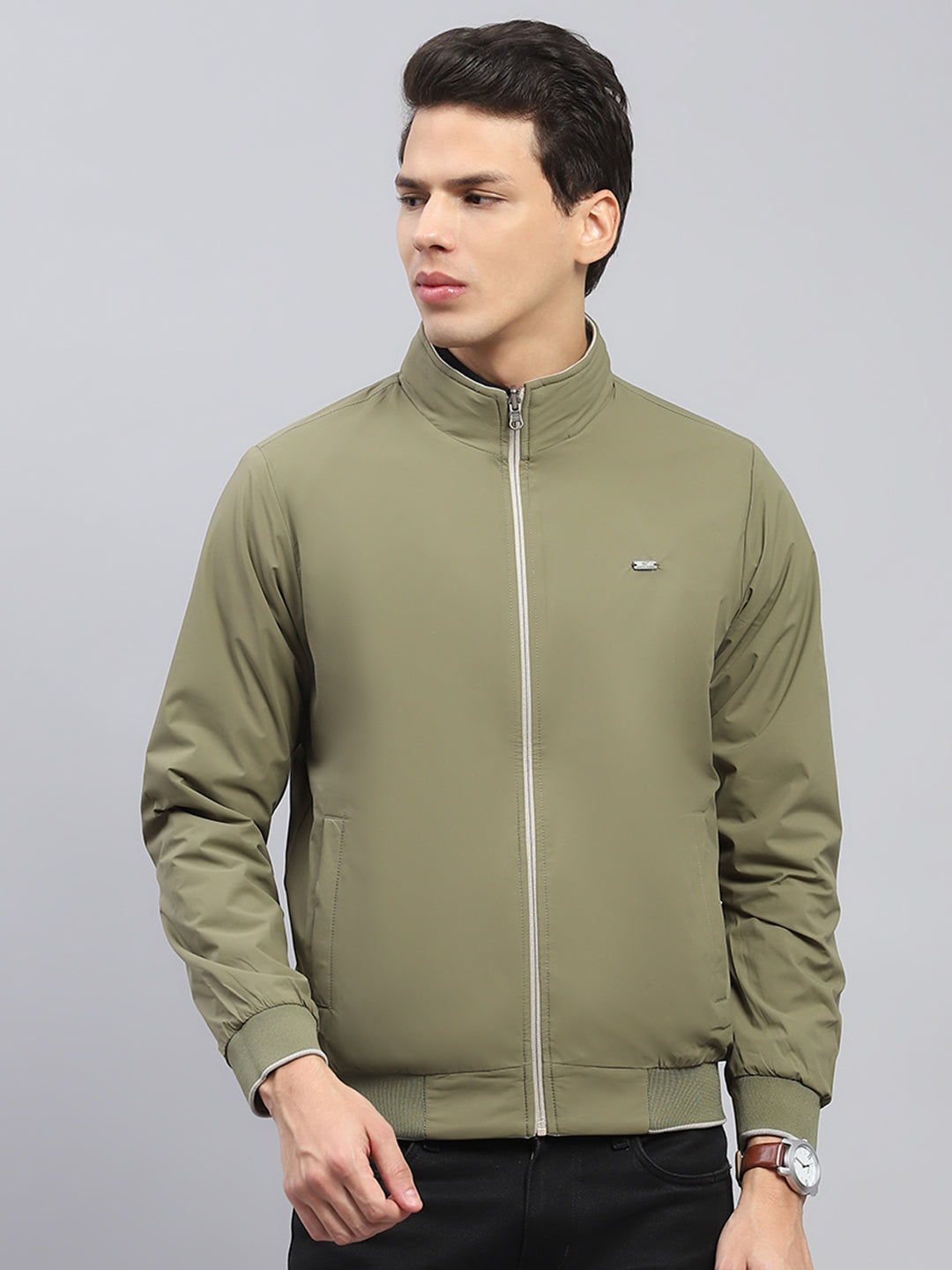 Men Green Solid Mock Neck Full Sleeve Reversible Jacket
