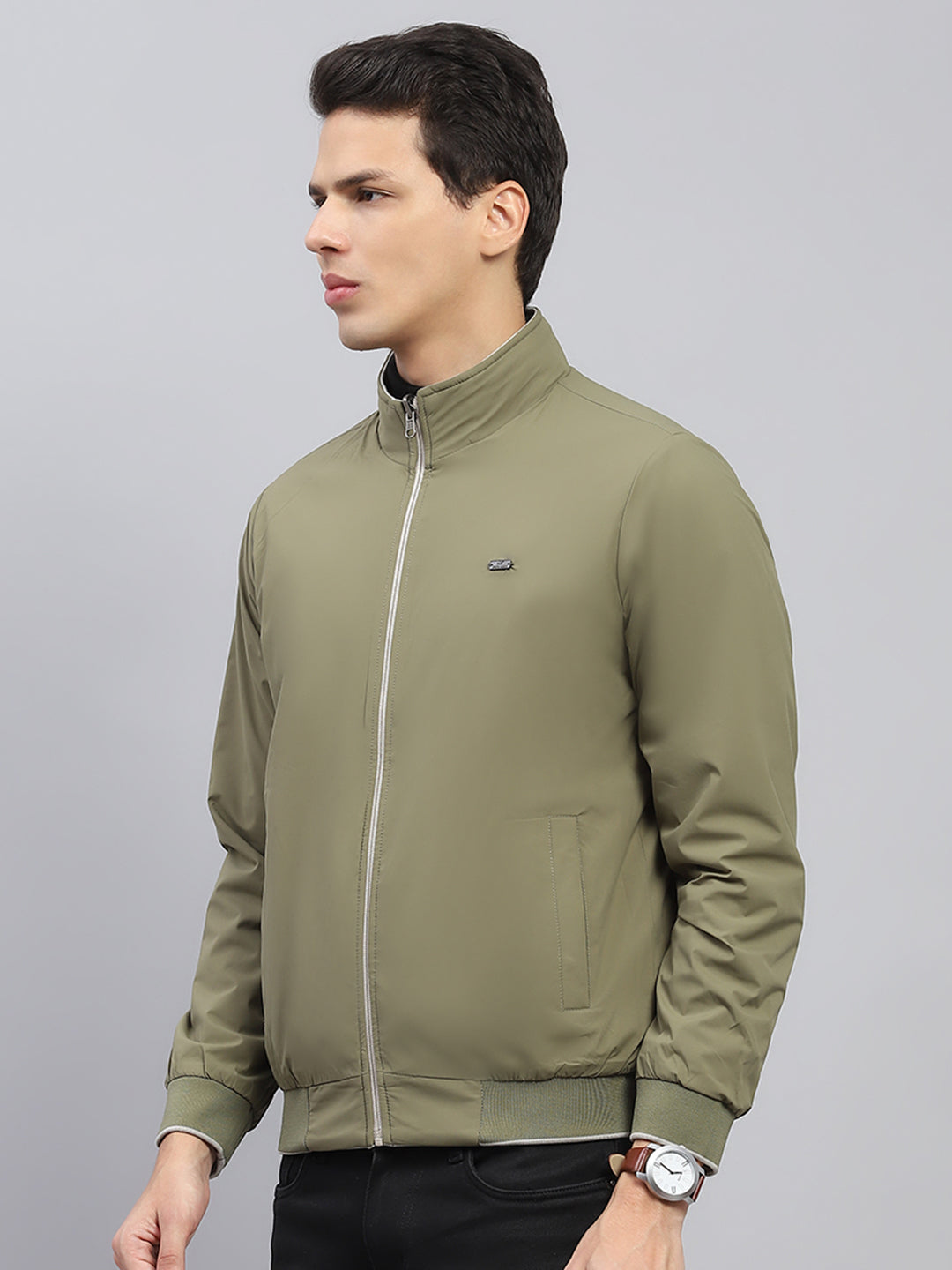 Men Green Solid Mock Neck Full Sleeve Reversible Jacket