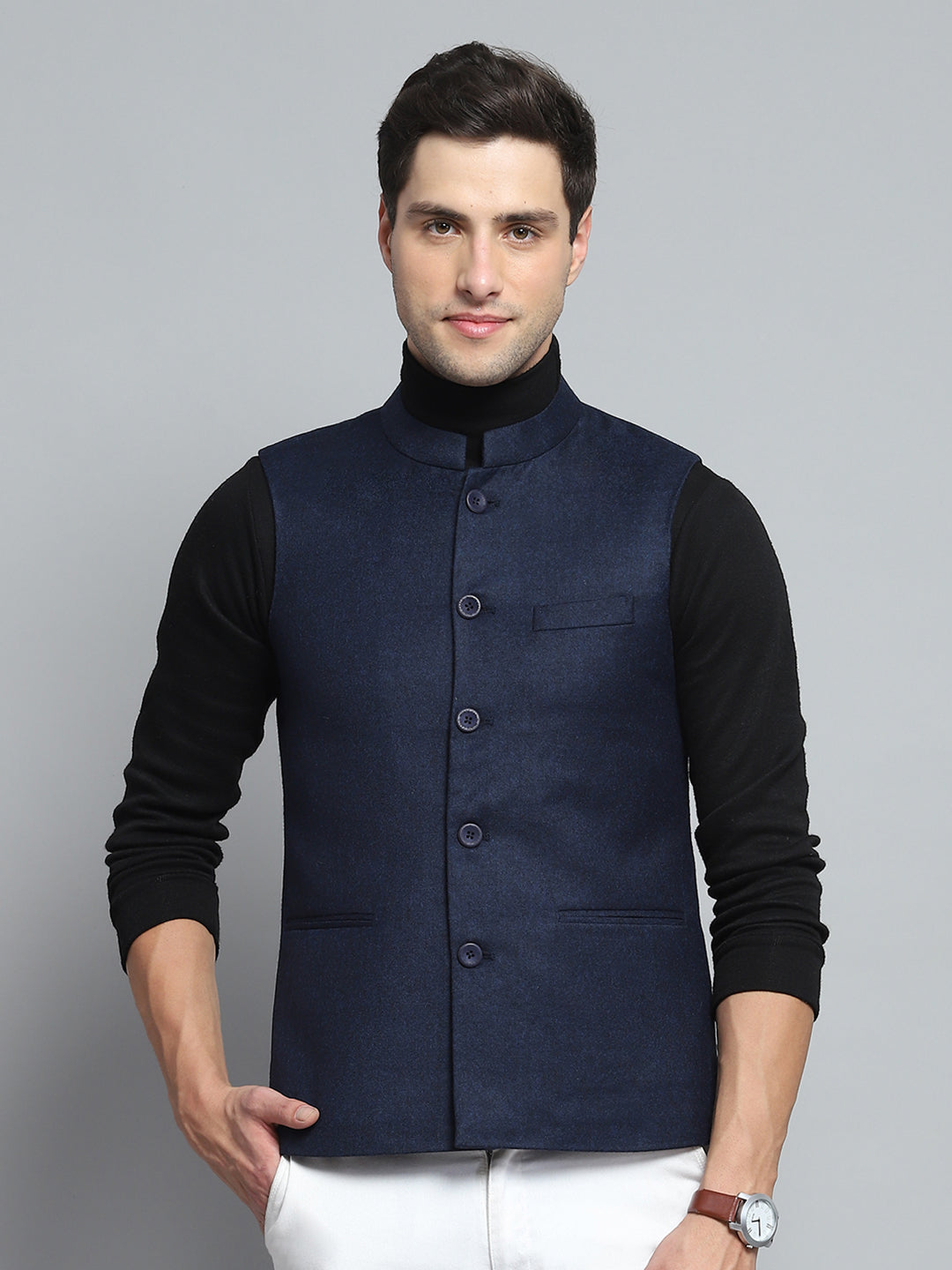 Men Blue Solid Band Collar Sleeveless Nehru Jacket