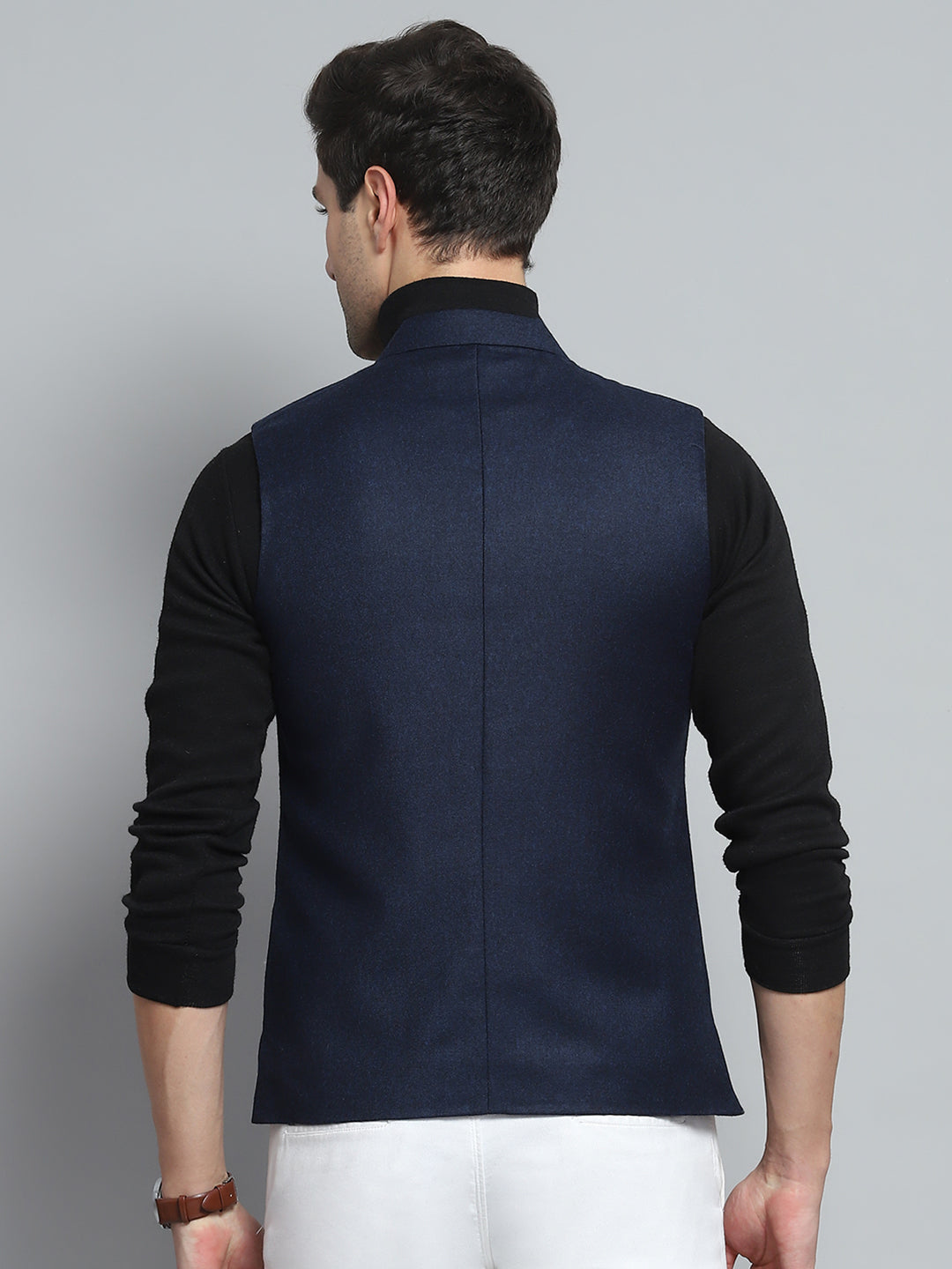 Men Blue Solid Band Collar Sleeveless Nehru Jacket