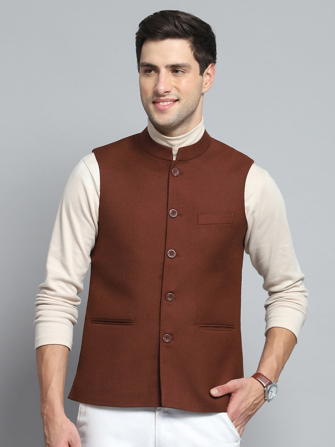 Men Maroon Solid Band Collar Sleeveless Nehru Jacket