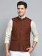 Men Maroon Solid Band Collar Sleeveless Nehru Jacket