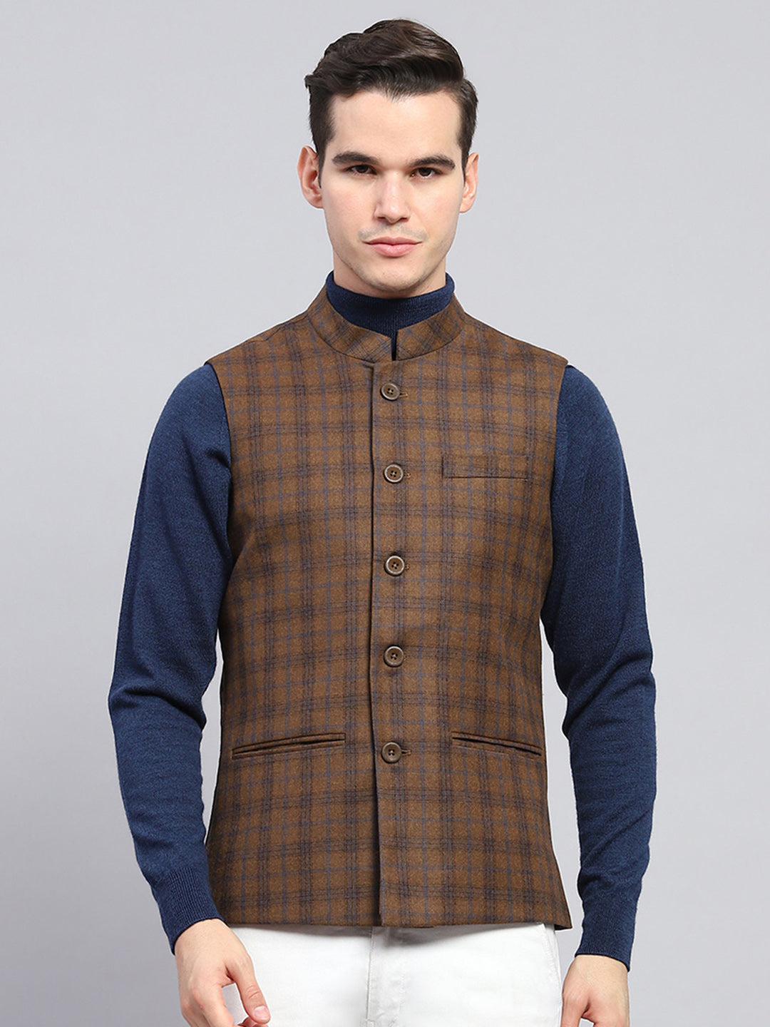 Men Brown Check Band Collar Sleeveless Jacket
