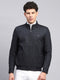 Men Navy Blue Self Design Mock Neck Full Sleeve Jacket