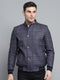 Men Navy Blue Self Design Mock Neck Full Sleeve Jacket