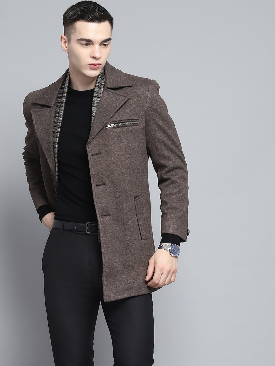 Men Brown Solid Notch Lapel Collar Full Sleeve Coat