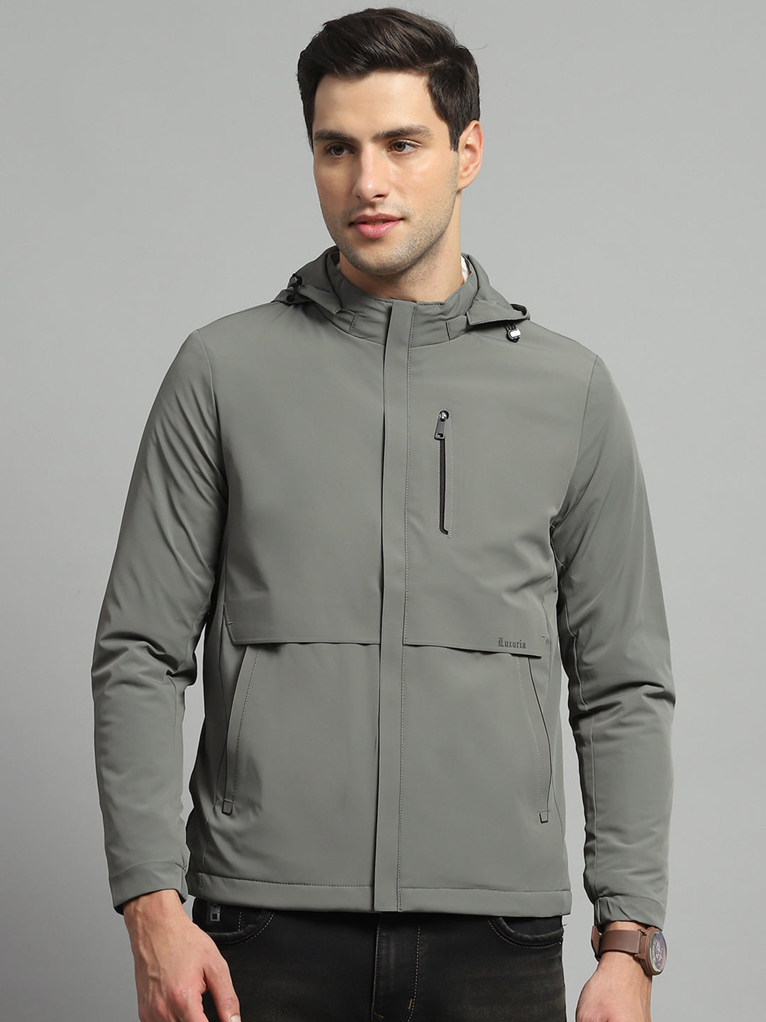 Luxuria Men Olive Solid Detachable Hood Full Sleeve Jacket
