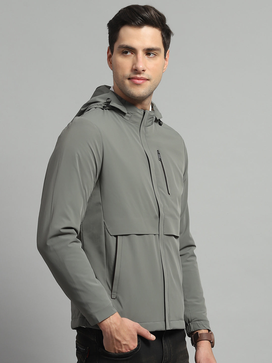 Luxuria Men Olive Solid Detachable Hood Full Sleeve Jacket