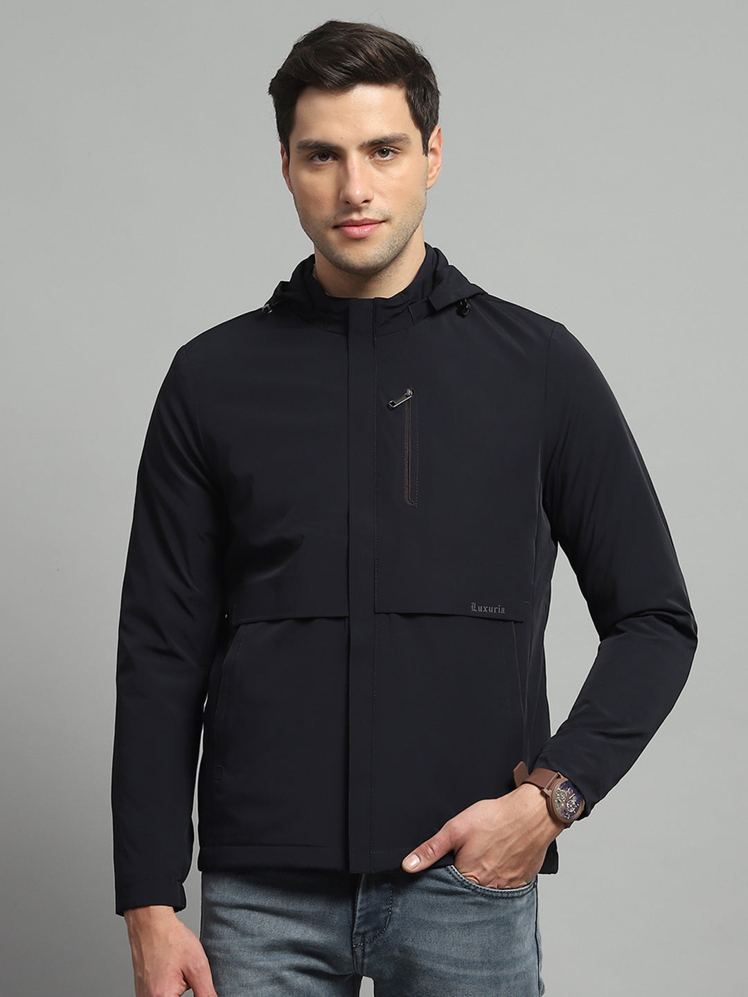 Luxuria Men Navy Blue Solid Detachable Hood Full Sleeve Jacket