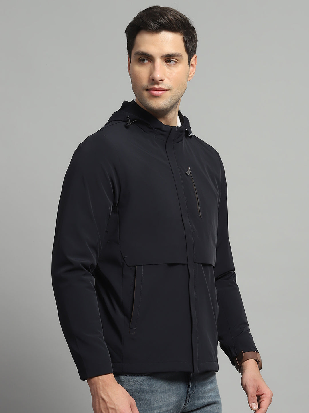 Luxuria Men Navy Blue Solid Detachable Hood Full Sleeve Jacket
