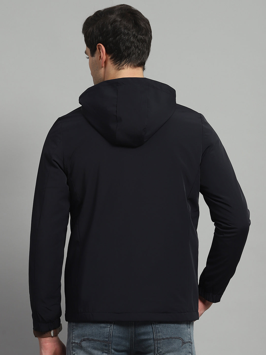 Luxuria Men Navy Blue Solid Detachable Hood Full Sleeve Jacket