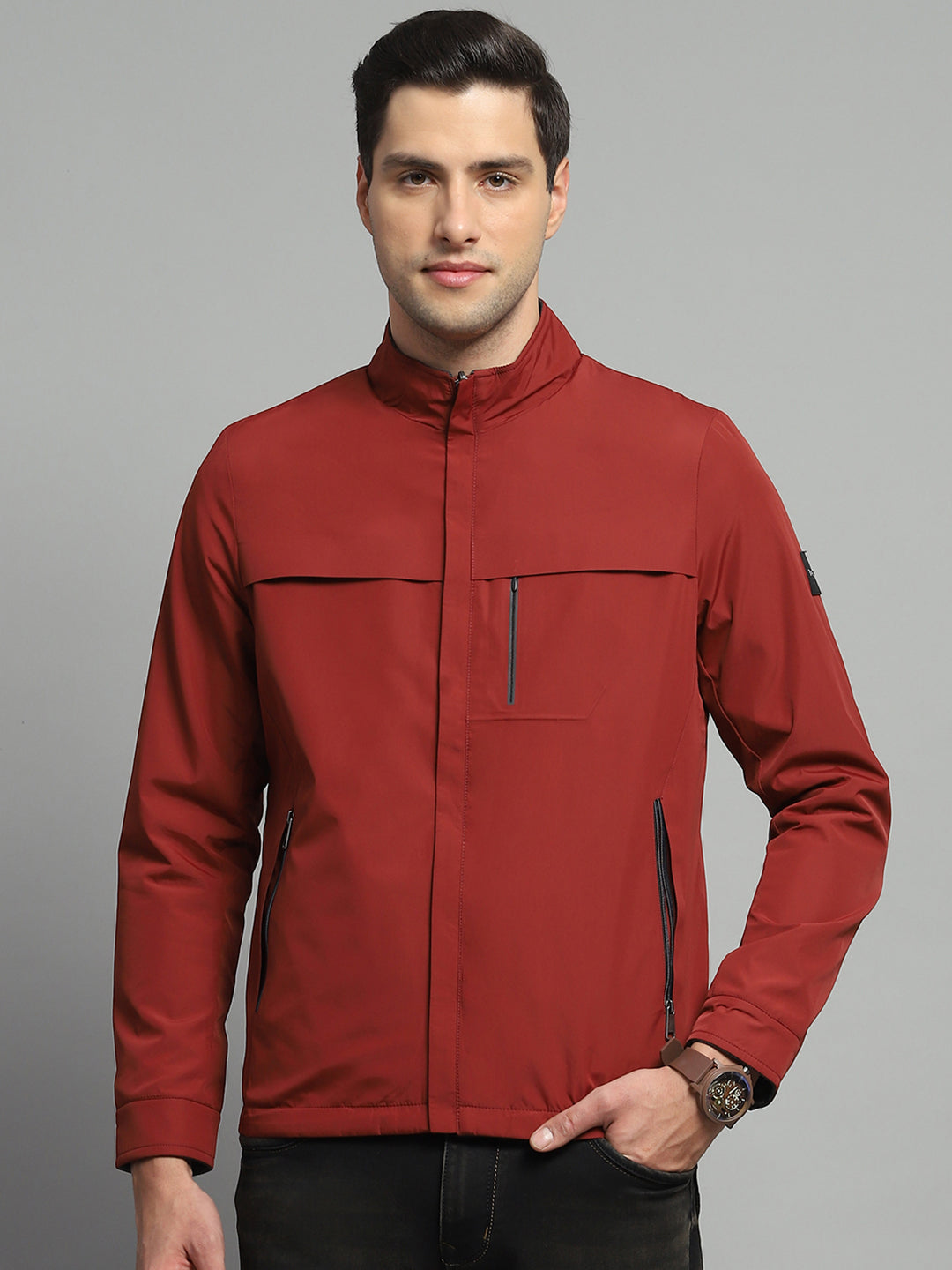 Luxuria Men Red Solid Mock Neck Full Sleeve Reversible Jacket