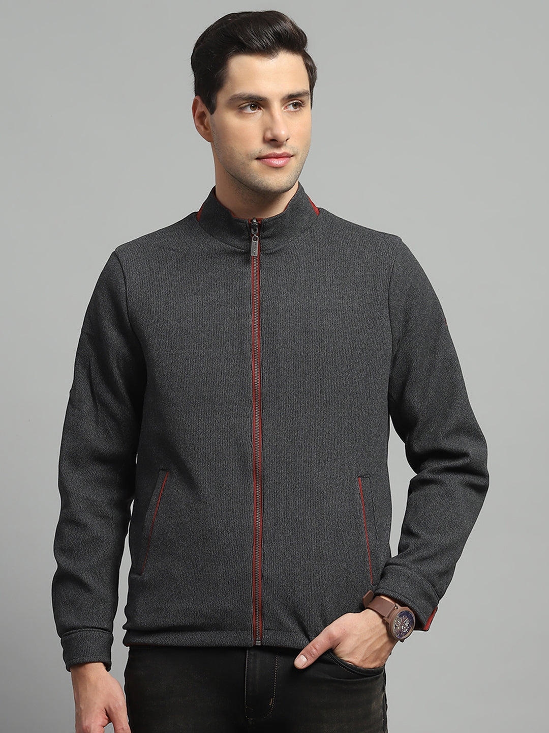 Luxuria Men Red Solid Mock Neck Full Sleeve Reversible Jacket
