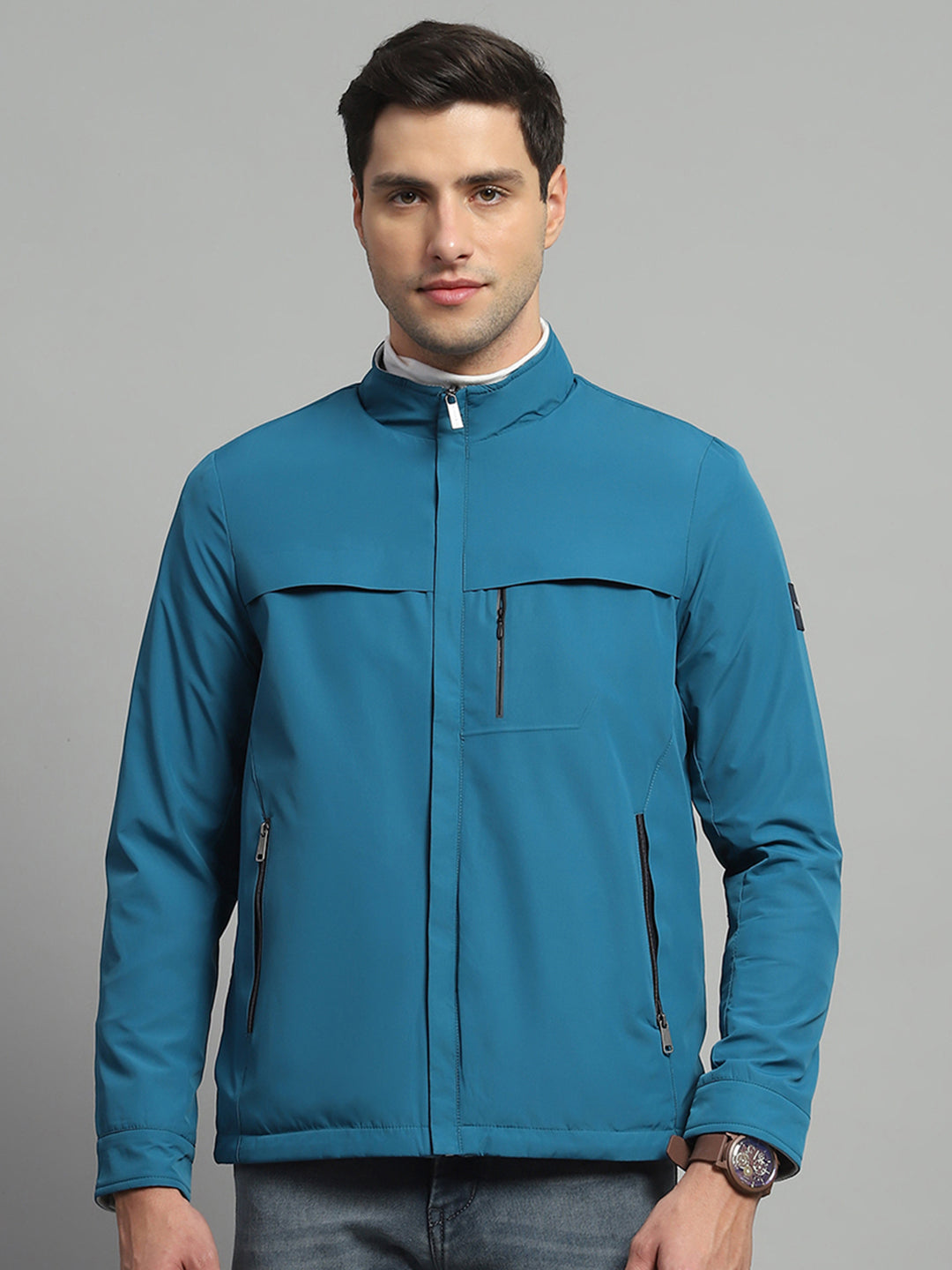Luxuria Men Teal Blue Solid Mock Neck Full Sleeve Reversible Jacket