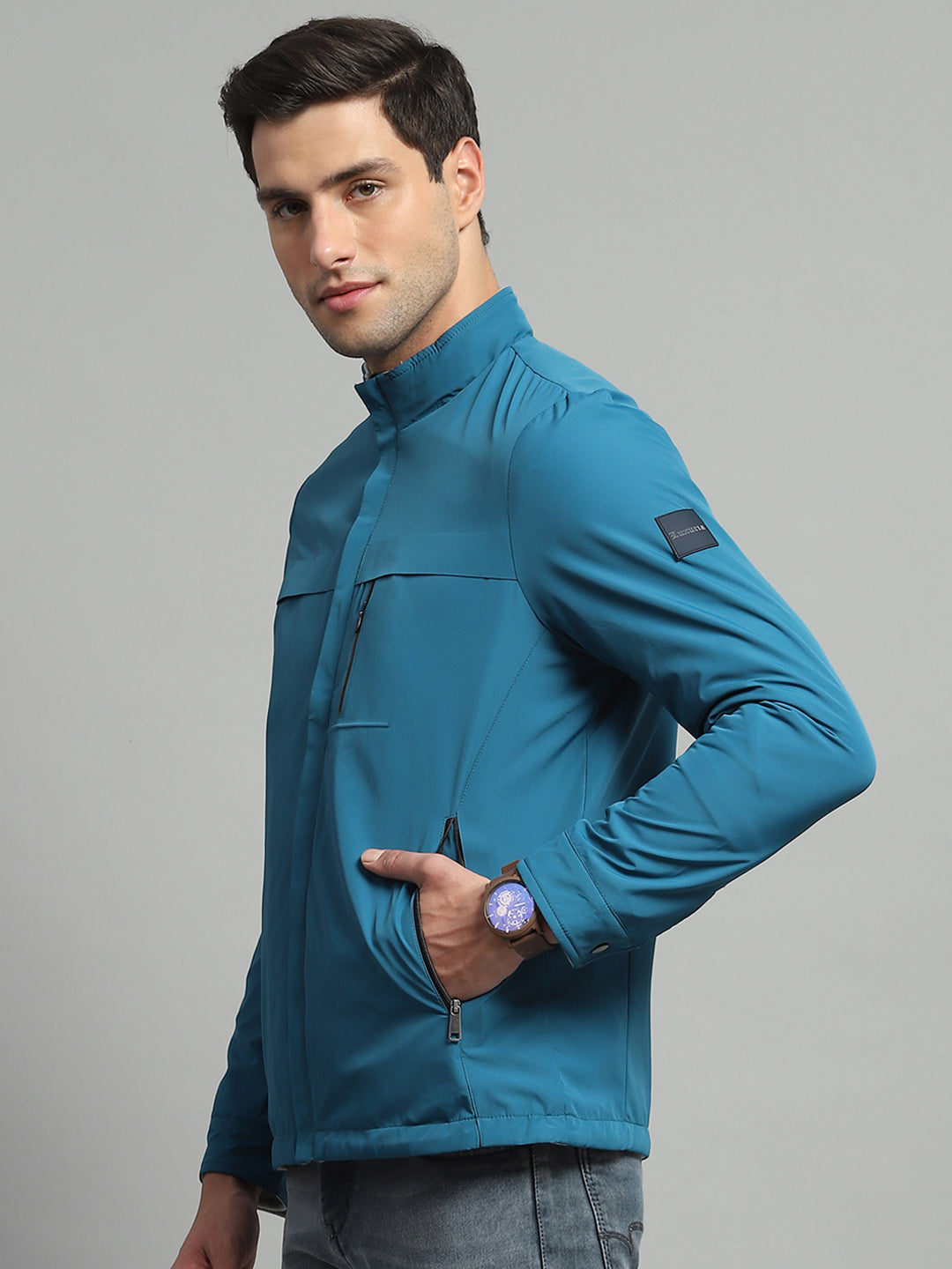 Luxuria Men Teal Blue Solid Mock Neck Full Sleeve Reversible Jacket