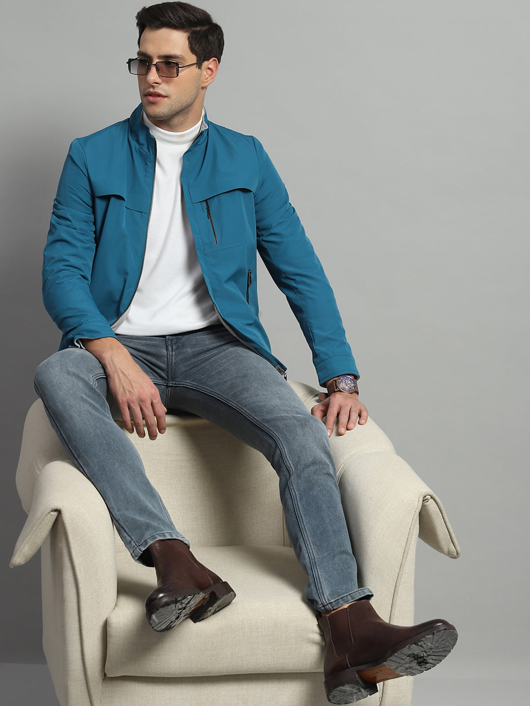 Luxuria Men Teal Blue Solid Mock Neck Full Sleeve Reversible Jacket