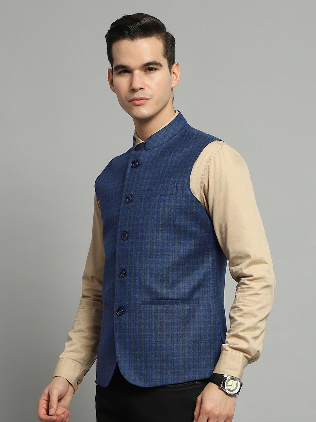 Luxuria Men Blue Solid Band Collar Sleeveless Jacket