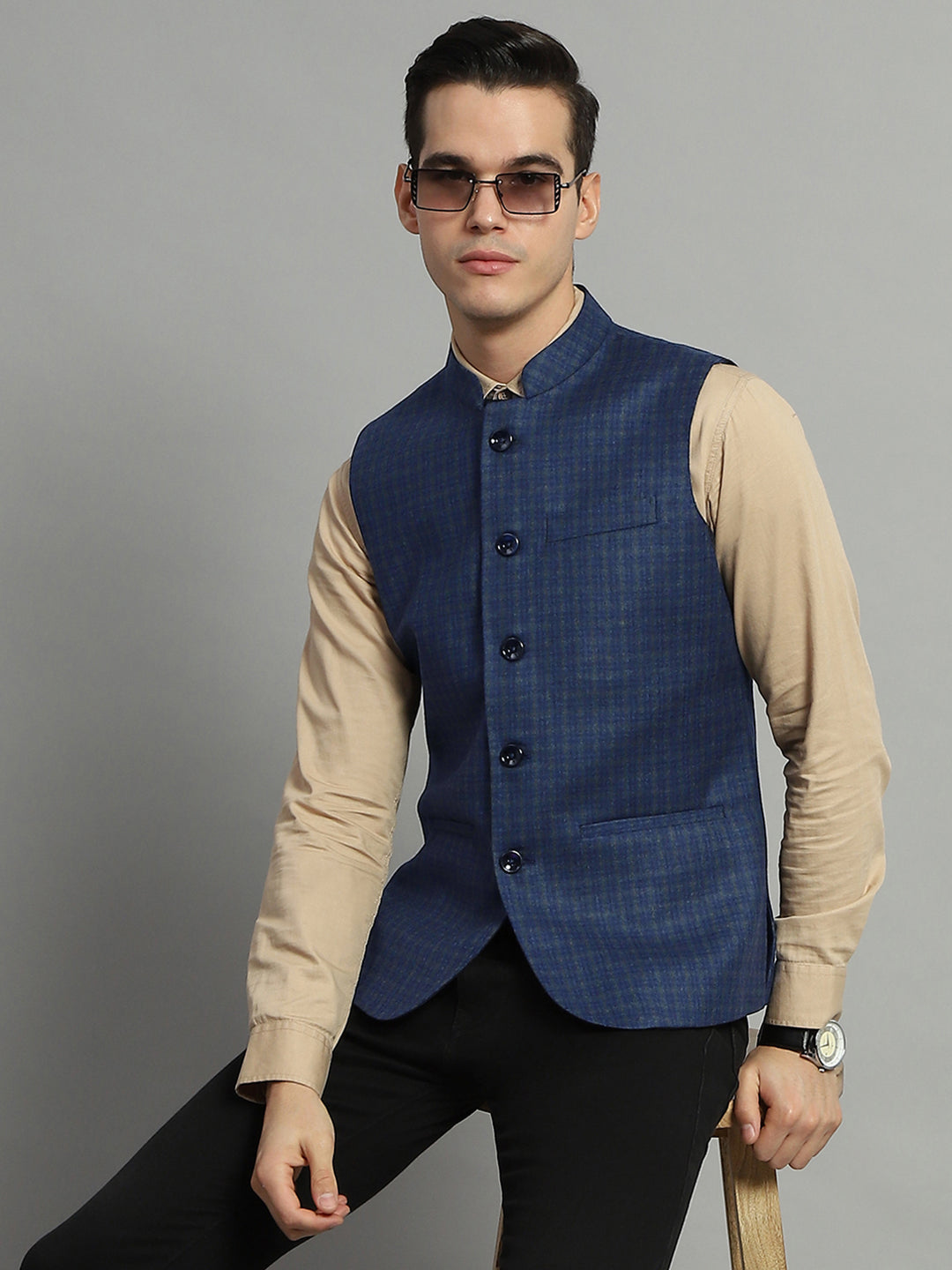 Luxuria Men Blue Solid Band Collar Sleeveless Jacket