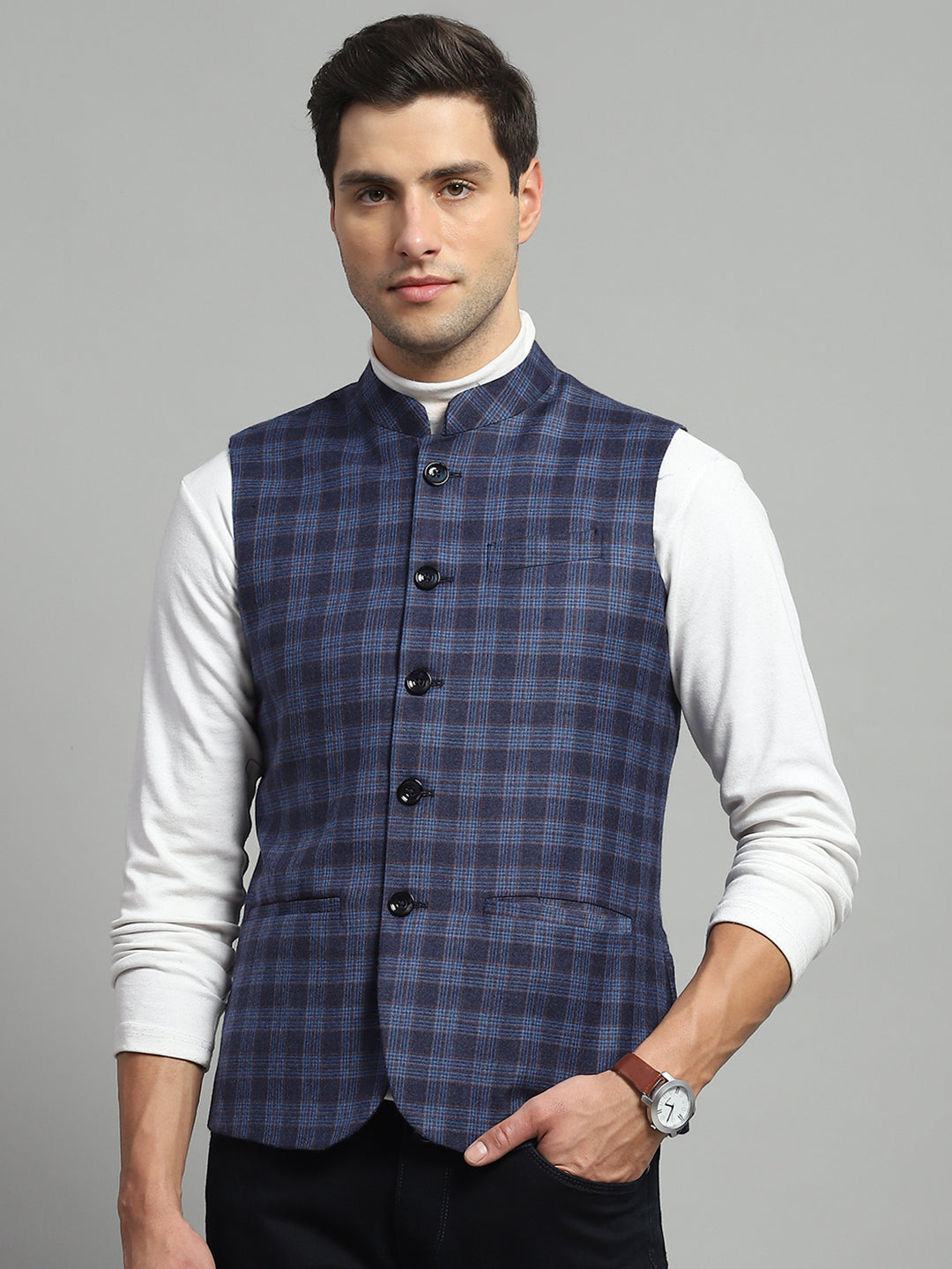 Luxuria Men Blue Solid Band Collar Sleeveless Jacket