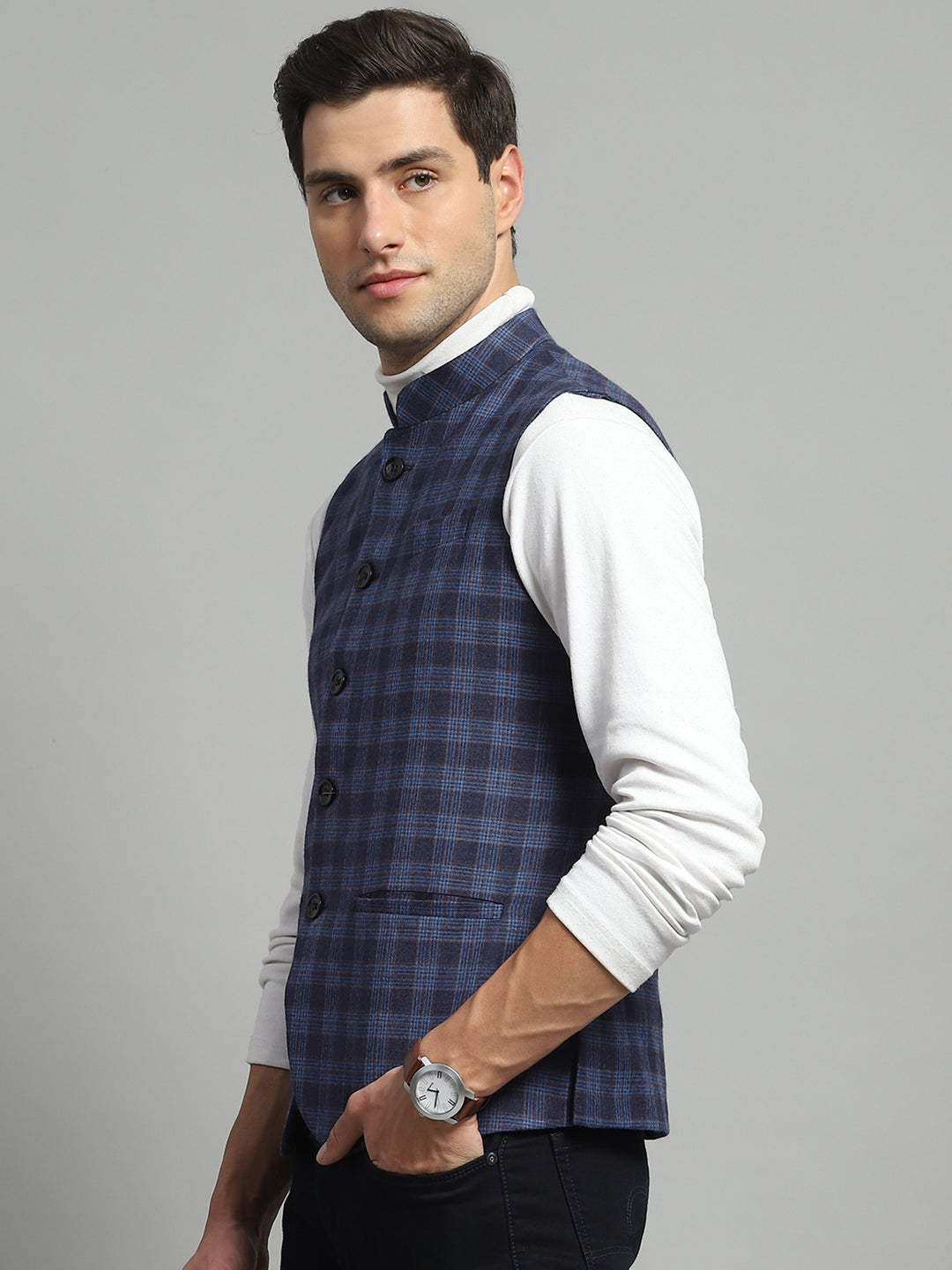 Luxuria Men Blue Solid Band Collar Sleeveless Jacket