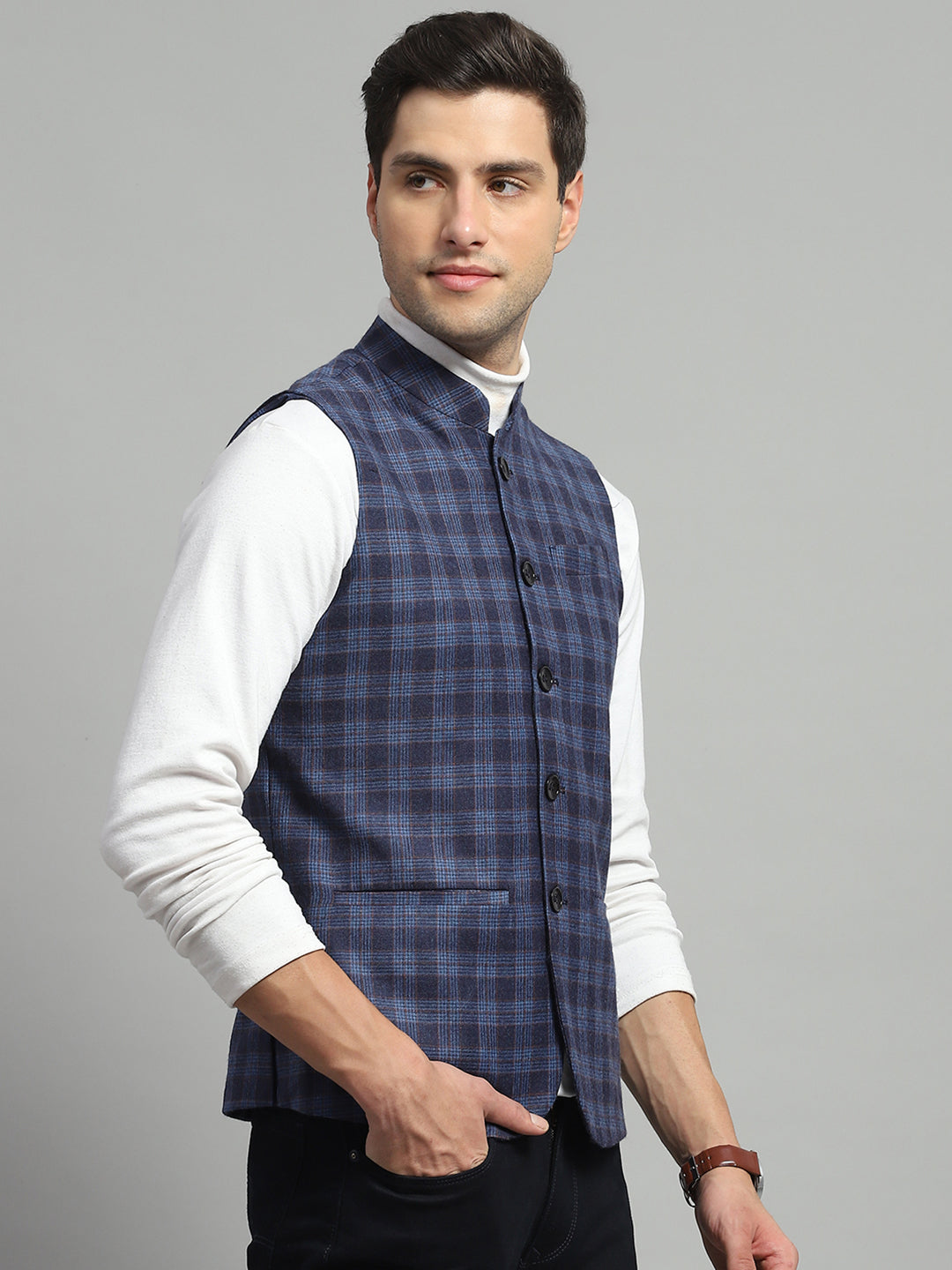 Luxuria Men Blue Solid Band Collar Sleeveless Jacket