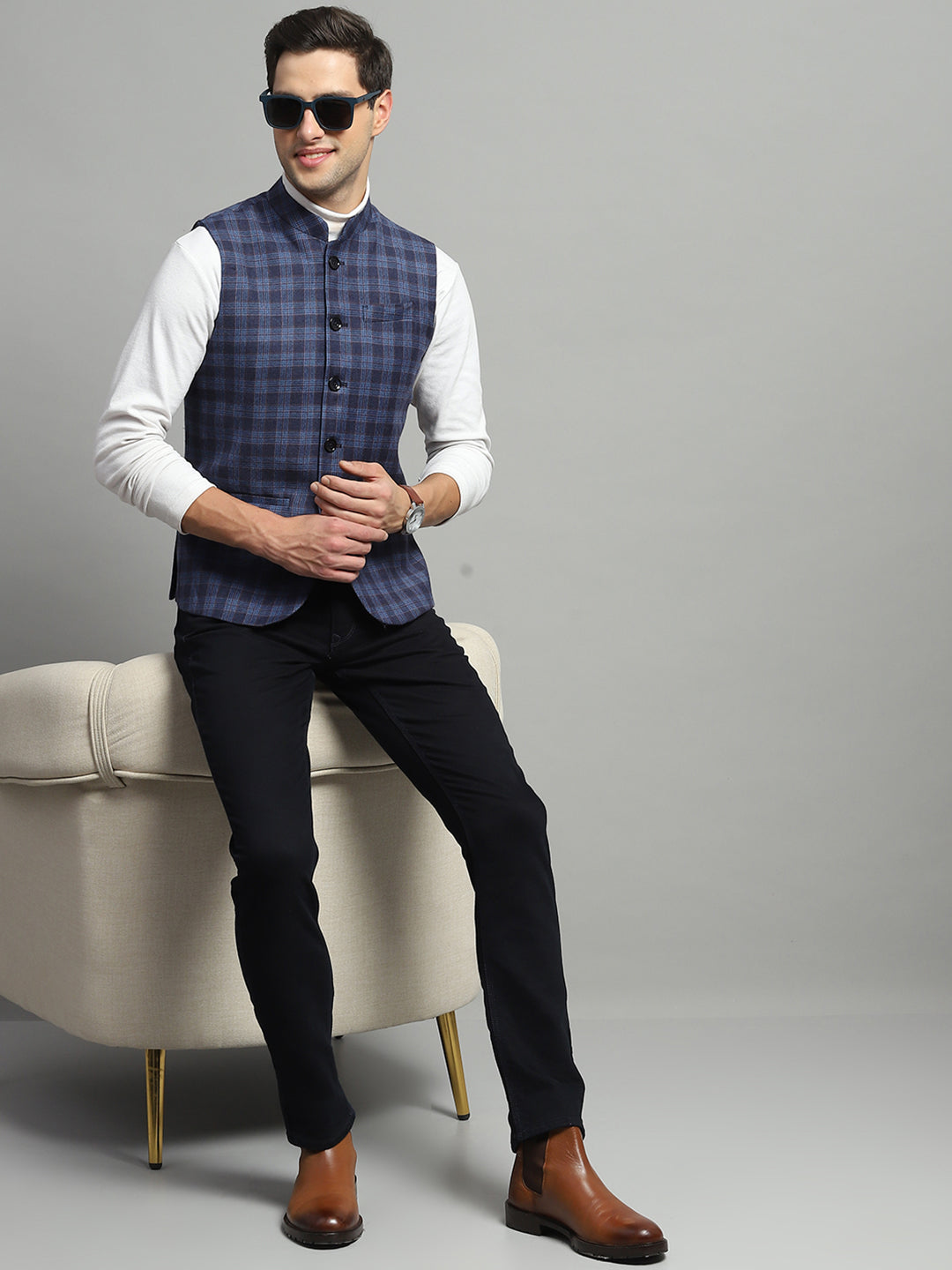 Luxuria Men Blue Solid Band Collar Sleeveless Jacket