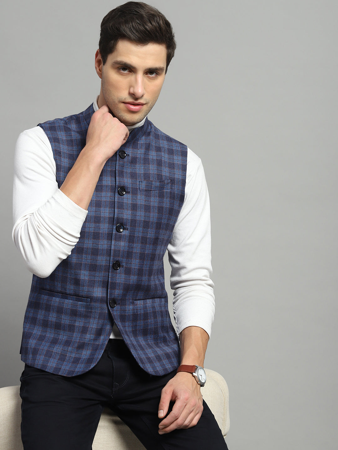 Luxuria Men Blue Solid Band Collar Sleeveless Jacket