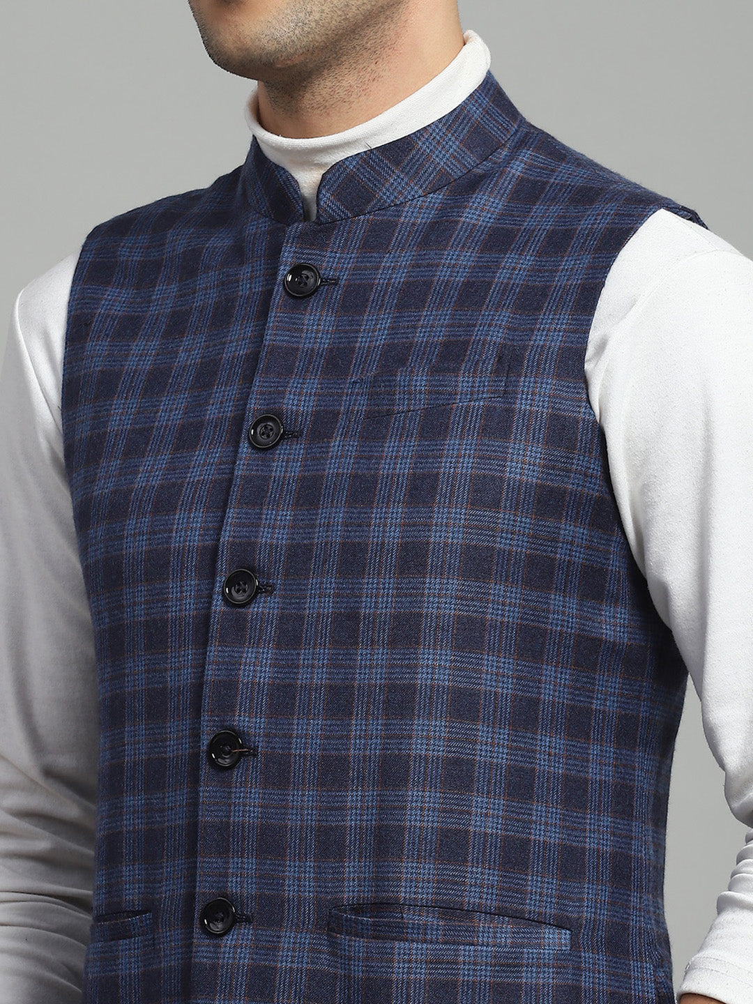 Luxuria Men Blue Solid Band Collar Sleeveless Jacket