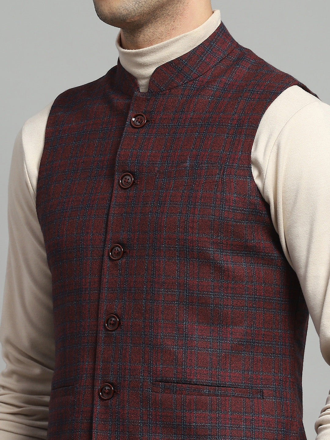 Luxuria Men Maroon Solid Band Collar Sleeveless Jacket