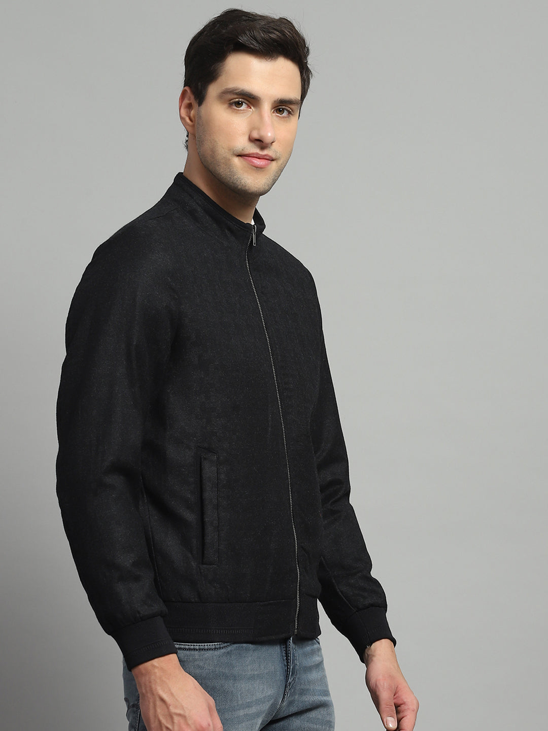 Luxuria Men Black Solid Mock Neck Full Sleeve Jacket