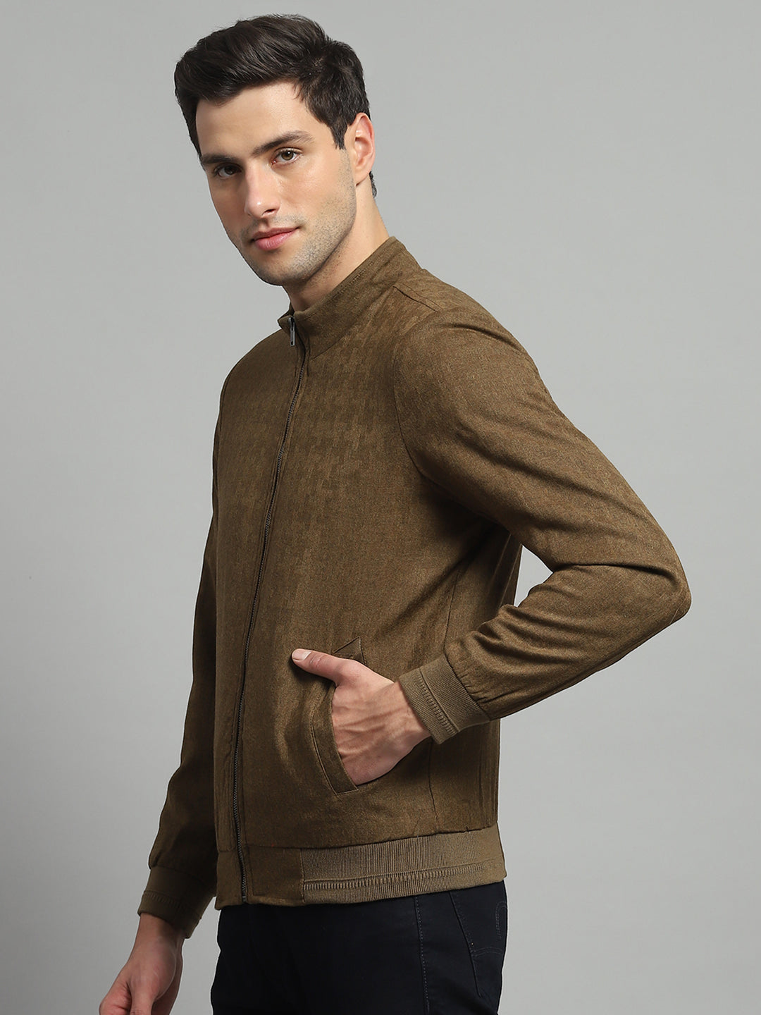 Luxuria Men Mustard Solid Mock Neck Full Sleeve Jacket