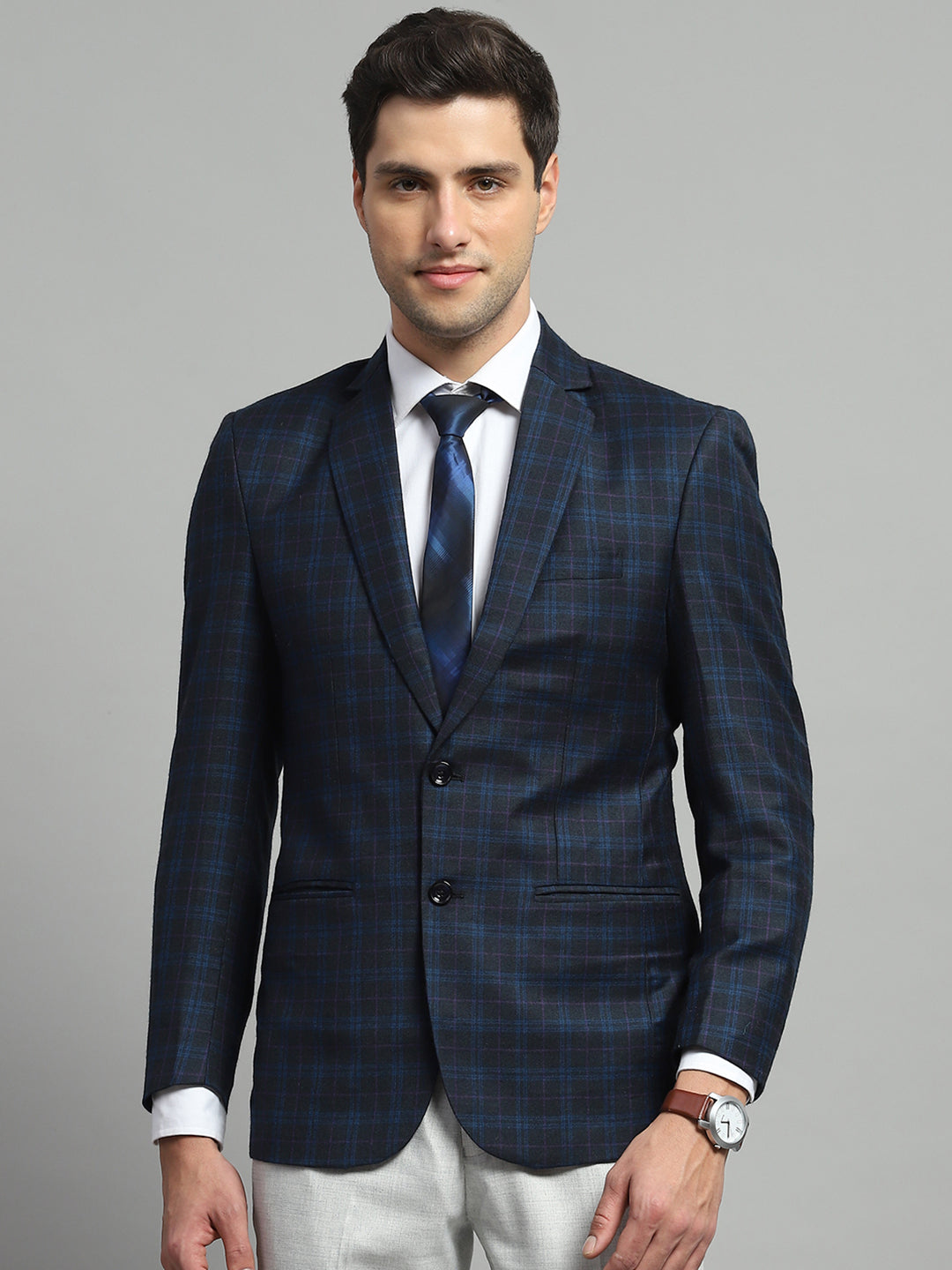 Luxuria Men Blue Solid Notch Lapel Collar Full Sleeve Coat