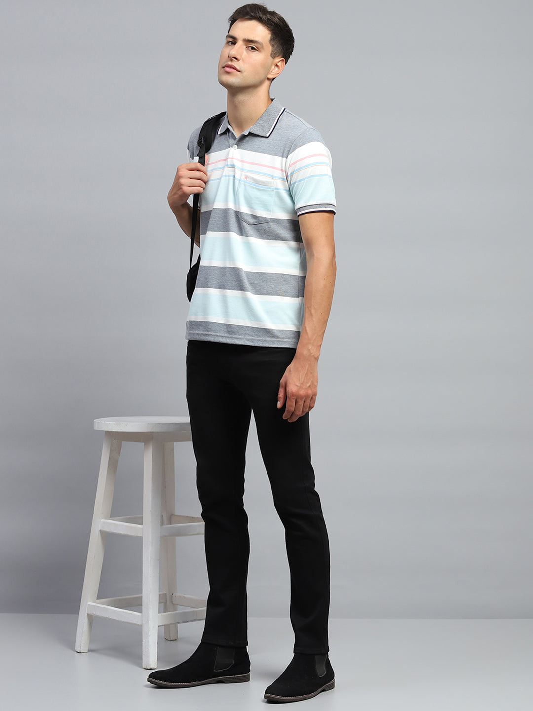 Men Blue Stripe Collar Half Sleeve T-Shirt
