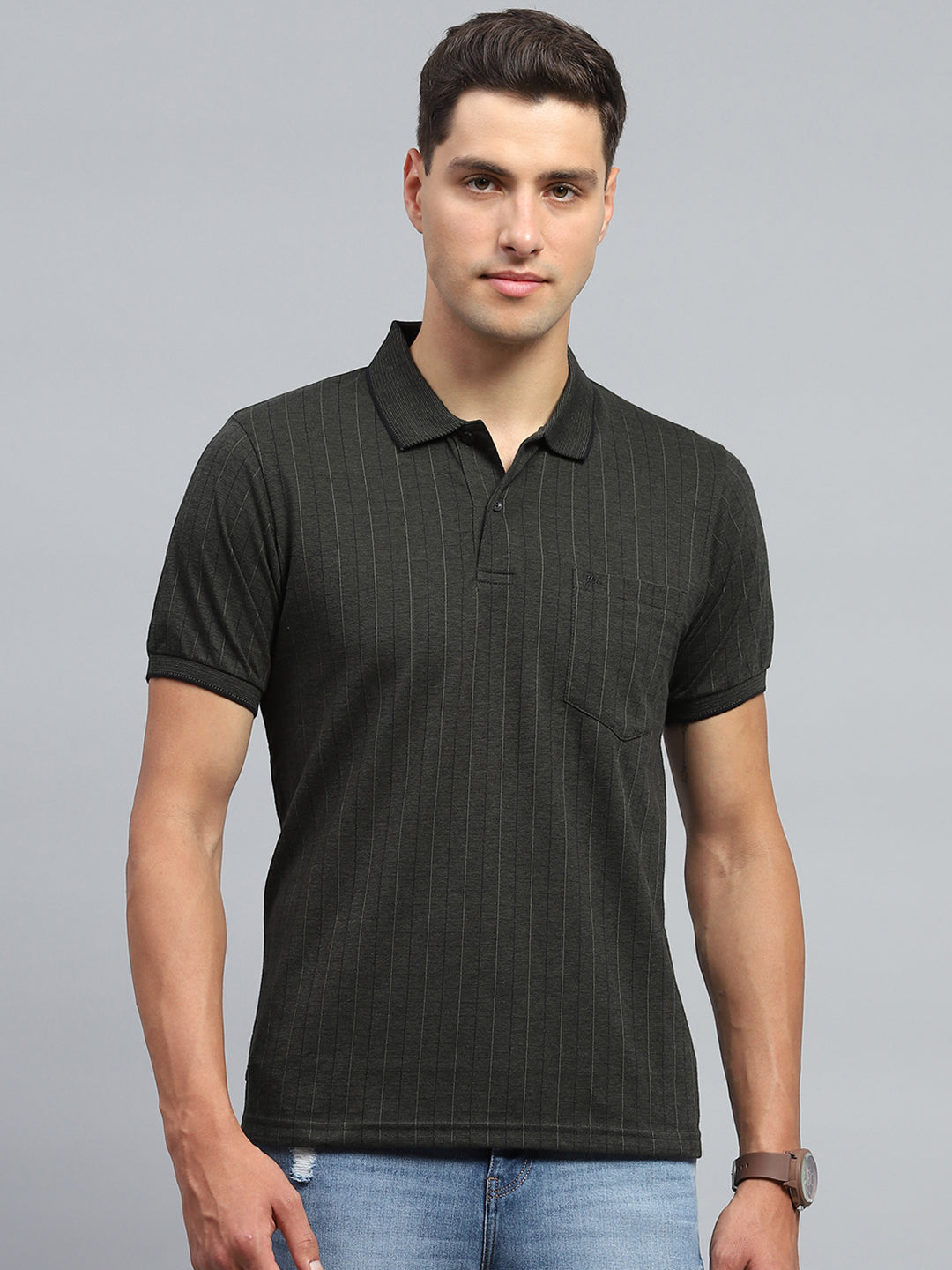 Men Olive Stripe Collar Half Sleeve T-Shirt