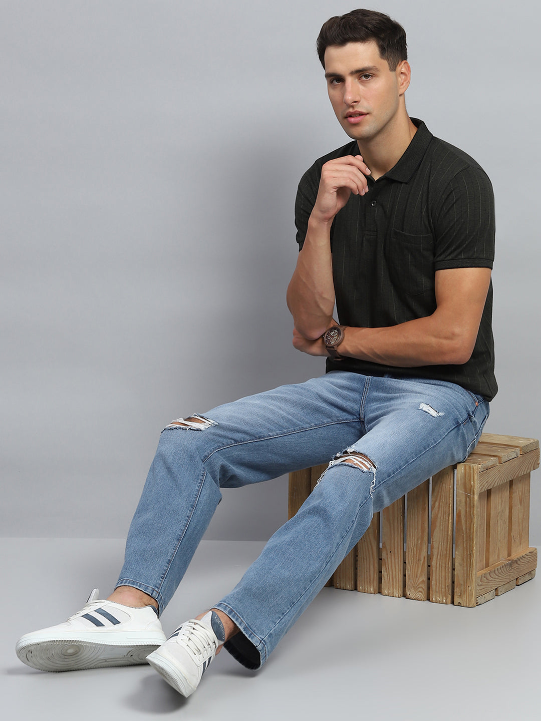 Men Olive Stripe Collar Half Sleeve T-Shirt