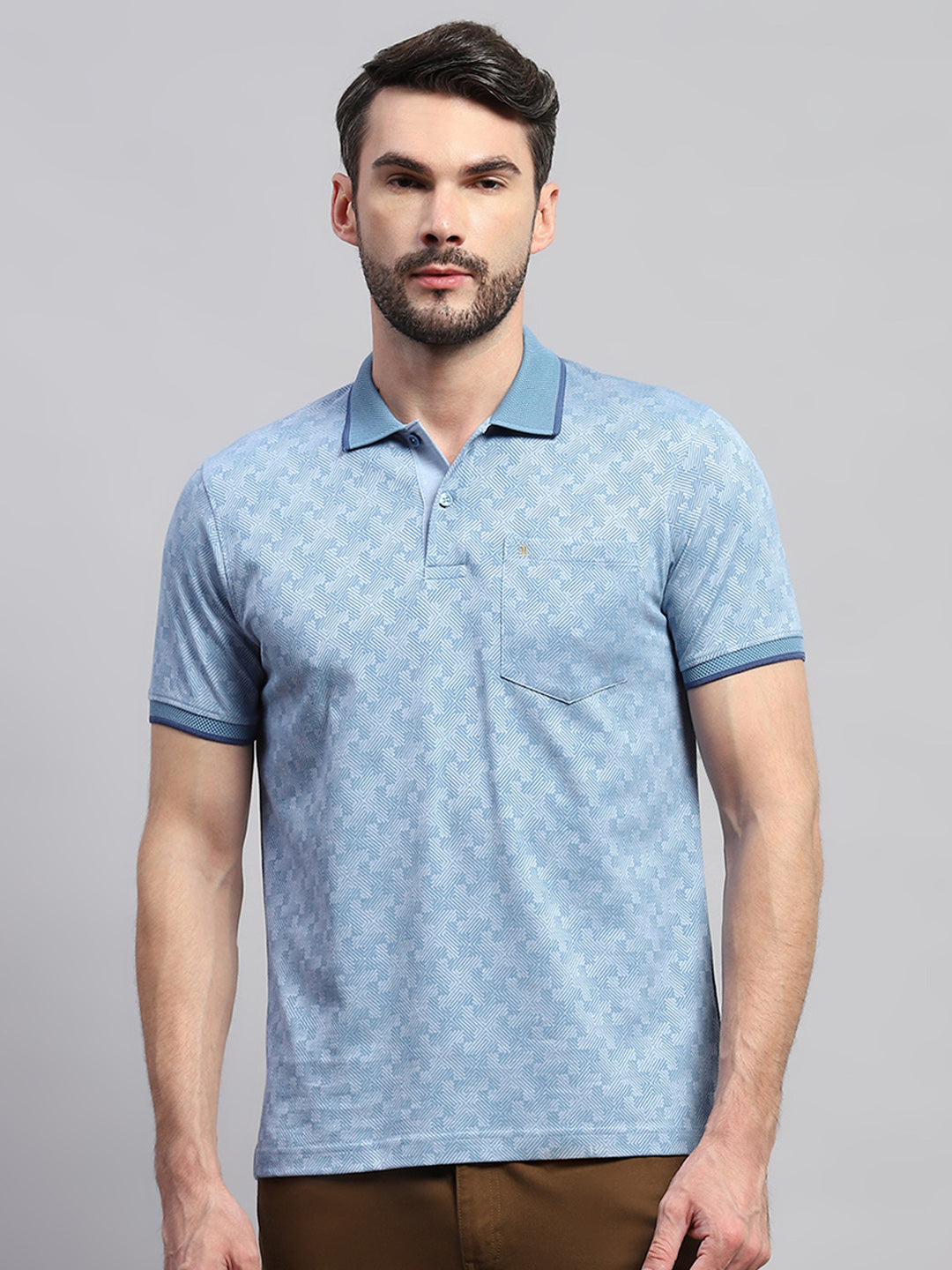 Men Blue Self Design Collar Half Sleeve T-Shirt