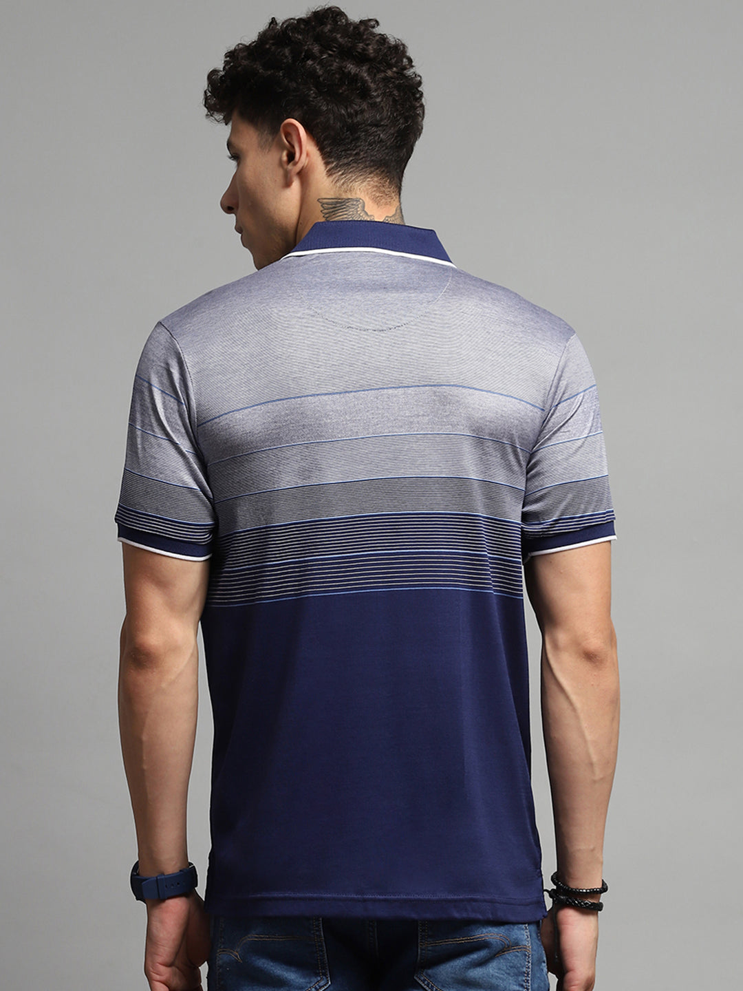 Luxuria Men Navy Blue Stripe Collar Half Sleeve T-Shirt