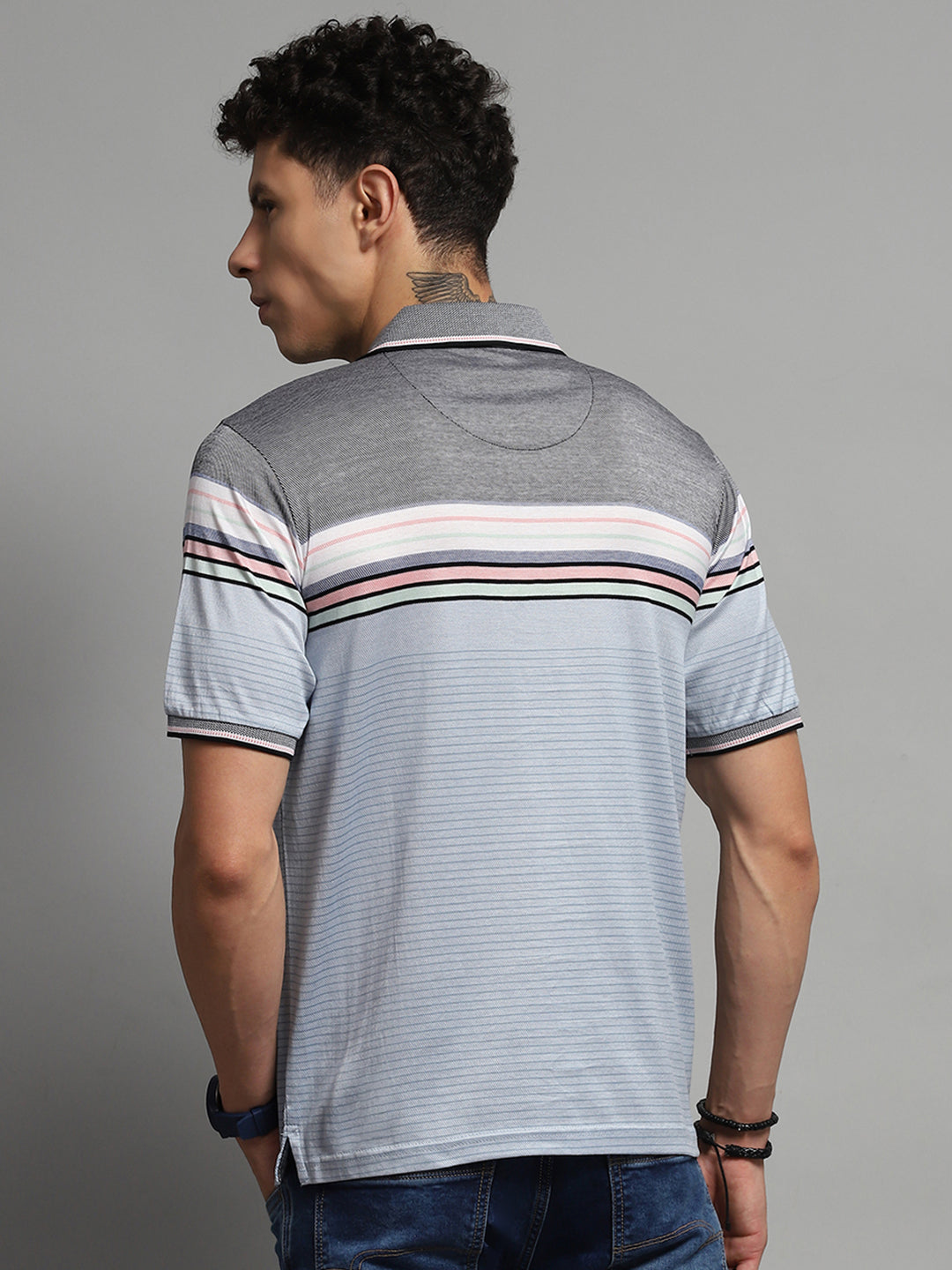 Luxuria Men Blue Stripe Collar Half Sleeve T-Shirt