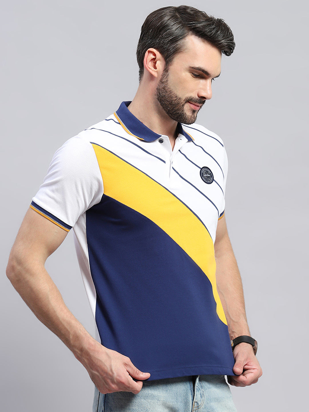 Men White & Blue Stripe Collar Half Sleeve T-Shirt