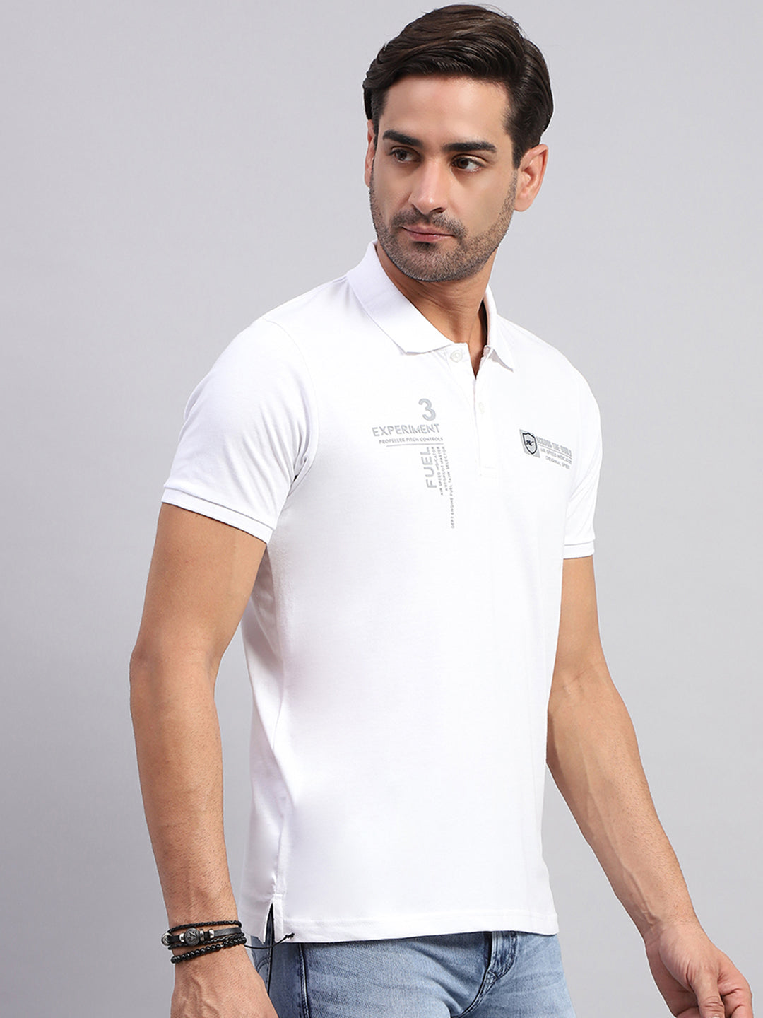 Men White Printed Collar Half Sleeve T-Shirt