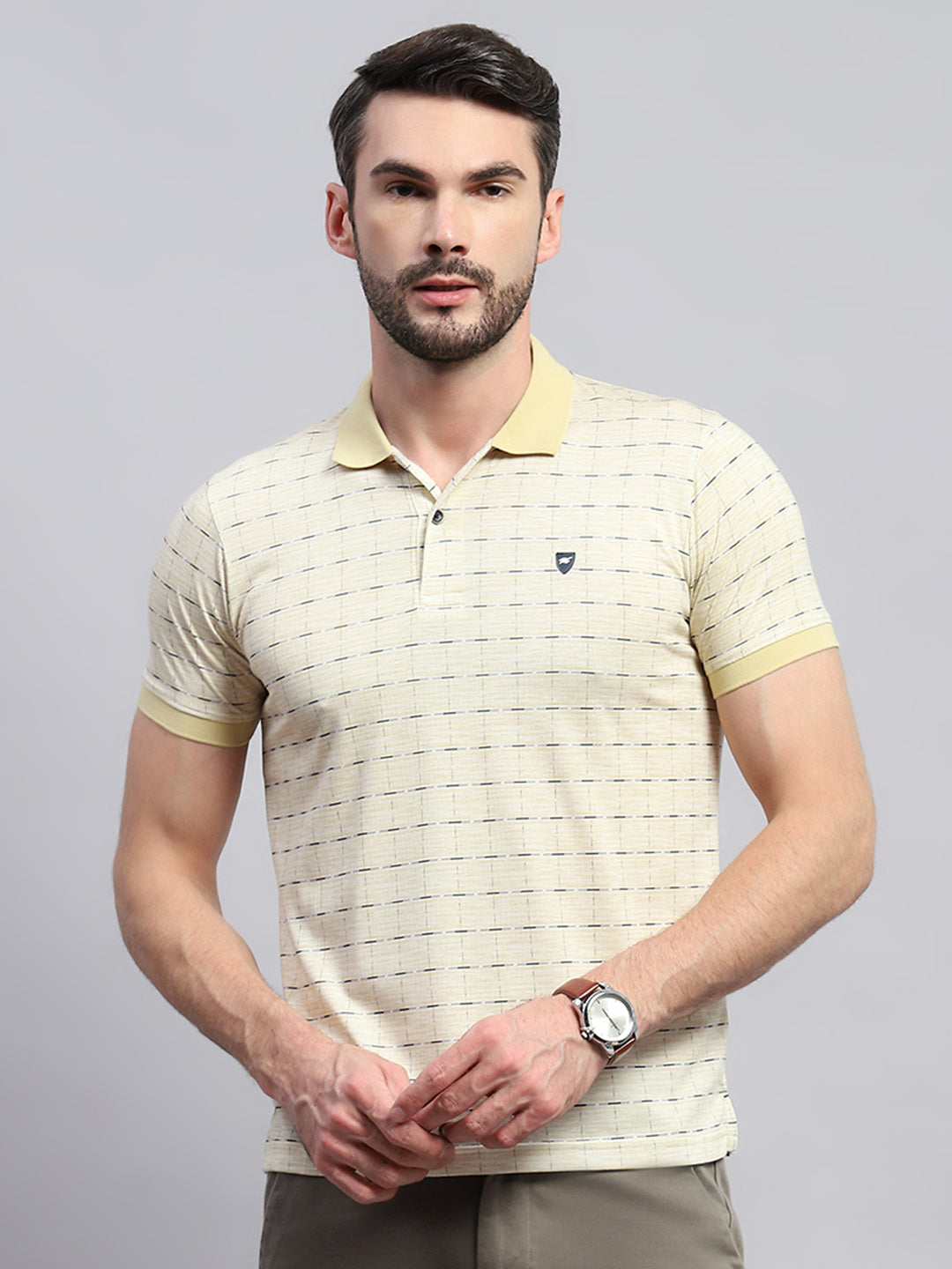 Men Yellow Printed Collar Half Sleeve T-Shirt
